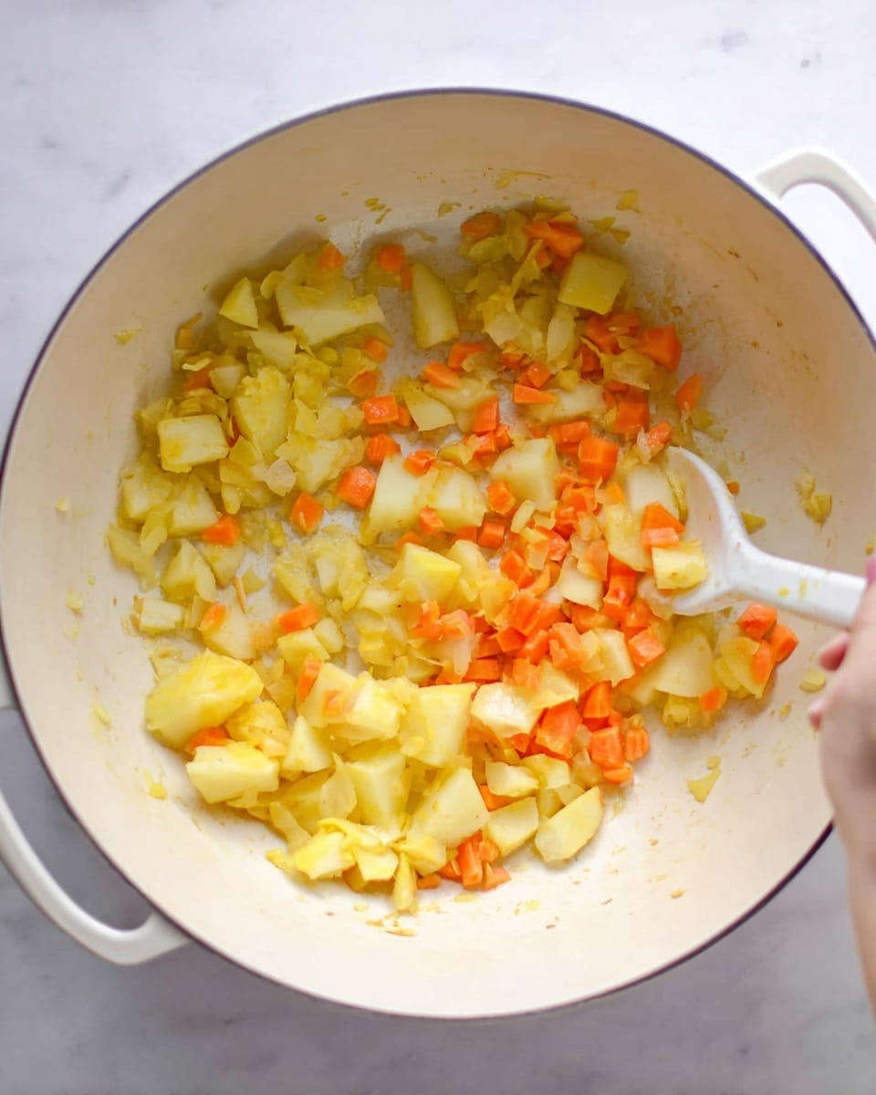 A white round pot placed on a white marbled surface shows the start of a dish with chopped ingredients inside. The chopped pieces are mainly light yellow and orange in color, scattered unevenly across the bottom left of the pot. The pieces seem soft and slightly cooked, with the yellow pieces likely potatoes and the orange pieces looking like carrots. The right side of the pot is mostly empty, showing the smooth white inside of the pot. A woman's hand with white skin is holding a white spoon stirring the ingredients in the pot. Photo taken with an iphone --ar 4:5 --v 7