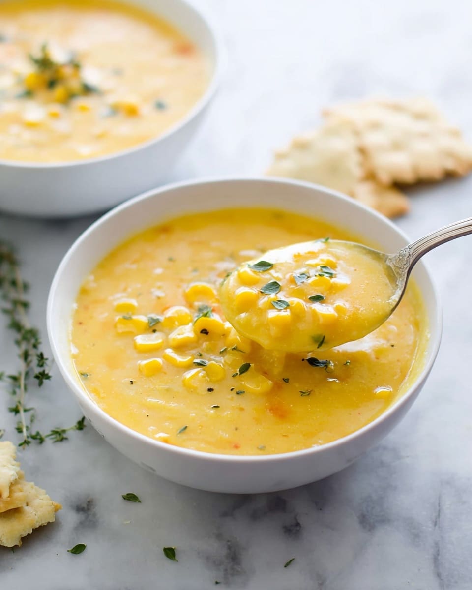 A white bowl filled with thick, creamy yellow soup with visible pieces of corn and small green herb leaves floating on top; a spoon scooping some soup showing its smooth texture with yellow chunks, placed near the front of the bowl; in the background, another white bowl filled with the same yellow soup is slightly out of focus; some torn pieces of cracker sit on the white marbled surface around the bowl along with small sprigs of green herbs scattered nearby; photo taken with an iphone --ar 4:5 --v 7