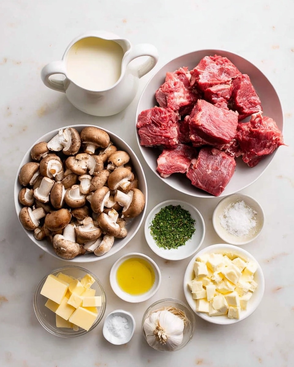 The image shows several white bowls and small white dishes on a white marbled surface. One large white bowl is filled with medium brown mushrooms cut into pieces. Another large white bowl holds big, raw red meat chunks with some fat. There is a white pitcher with white cream, a small dish with chopped green herbs, and other small dishes with ingredients including light yellow mustard, white granulated salt, pale yellow butter cubes, chopped garlic, and a clear yellow oil. The ingredients are neat and brightly lit, arranged in a balanced circle. Photo taken with an iphone --ar 4:5 --v 7