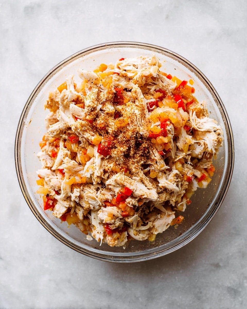 The image shows a clear glass bowl filled with a mix of shredded white meat and small diced yellow and red vegetables. The meat is layered with a light dusting of dark seasoning that spreads unevenly. The vegetables are soft, appearing cooked and scattered evenly throughout the meat. The bowl sits on a white marbled surface, and the ingredients are well mixed but still show clear details of each component. Photo taken with an iphone --ar 4:5 --v 7