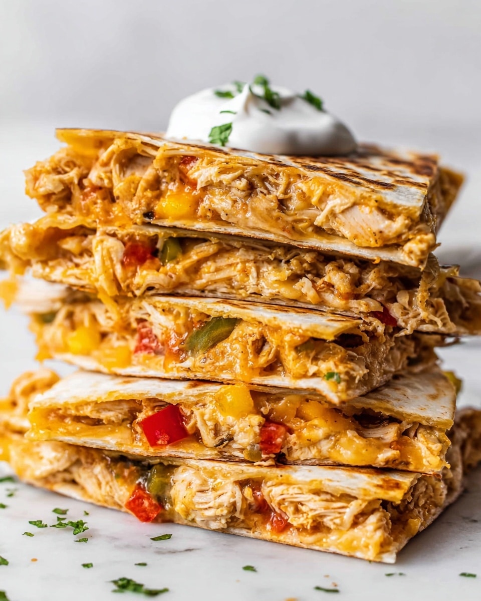 Two folded quesadilla halves, toasted to a golden brown with darker spots, sit stacked slightly overlapping on a white marbled surface. The quesadilla shows melted orange cheese oozing from between the light brown tortilla wrap layers, along with some shredded chicken visible inside. The top quesadilla half is garnished with a dollop of white sour cream, a spoon of chunky red salsa, and a sprinkle of chopped green cilantro leaves. Photo taken with an iphone --ar 4:5 --v 7