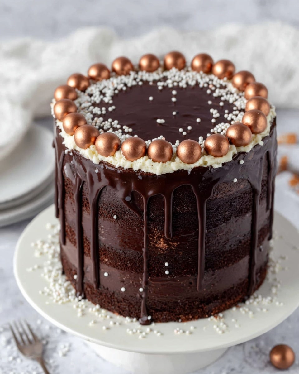 The image shows a tall chocolate cake with three visible dark brown layers. The cake is covered with smooth chocolate frosting that drips down the sides in thick streaks. The top surface is decorated with a ring of small shiny copper-colored balls and white sprinkles scattered inside the ring. The cake sits on a white plate over a white marbled surface. In the background, there is a soft white cloth that is out of focus. photo taken with an iphone --ar 4:5 --v 7