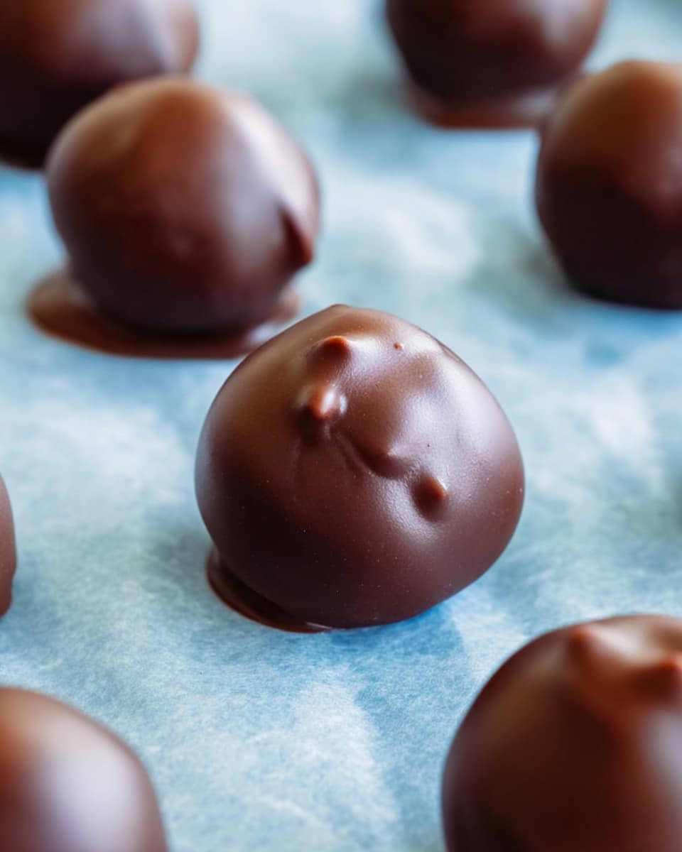 The image shows several round chocolate balls with smooth, shiny dark brown coatings placed on light blue parchment paper. Each chocolate ball has small, subtle indentations and texture marks on the surface, giving them a slightly uneven but glossy look. The balls are arranged in rows with some in focus in the front and others blurred softly in the background, creating depth. The background beneath the parchment is a white marbled texture. photo taken with an iphone --ar 4:5 --v 7