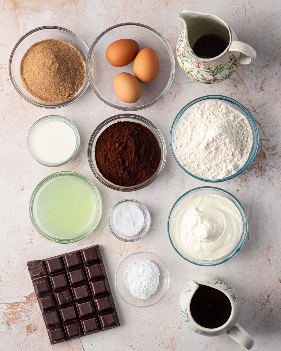 A flat lay of baking ingredients arranged on a surface with a white marbled texture, showing a total of eleven components: two brown eggs in a small clear bowl near the center, a bowl of light brown sugar with a crumbly texture at the top left, a bowl of white flour with a powdery look at the top right, a bowl of dark brown cocoa powder just below the flour, a bowl of white liquid milk at the bottom left, a small cup with light green oil near the top center, a bowl of thick white yogurt with a smooth surface at the right middle, a clear small dish with white powder baking soda near the bottom center, a clear smaller bowl with some white powder baking powder to the left of the baking soda, a tiny bowl with white salt below the baking powder, and a white pitcher with a floral pattern on the top right holding a dark liquid, all surrounding a wooden board at the bottom left with a bar of dark chocolate showing neat sections photo taken with an iphone --ar 4:5 --v 7