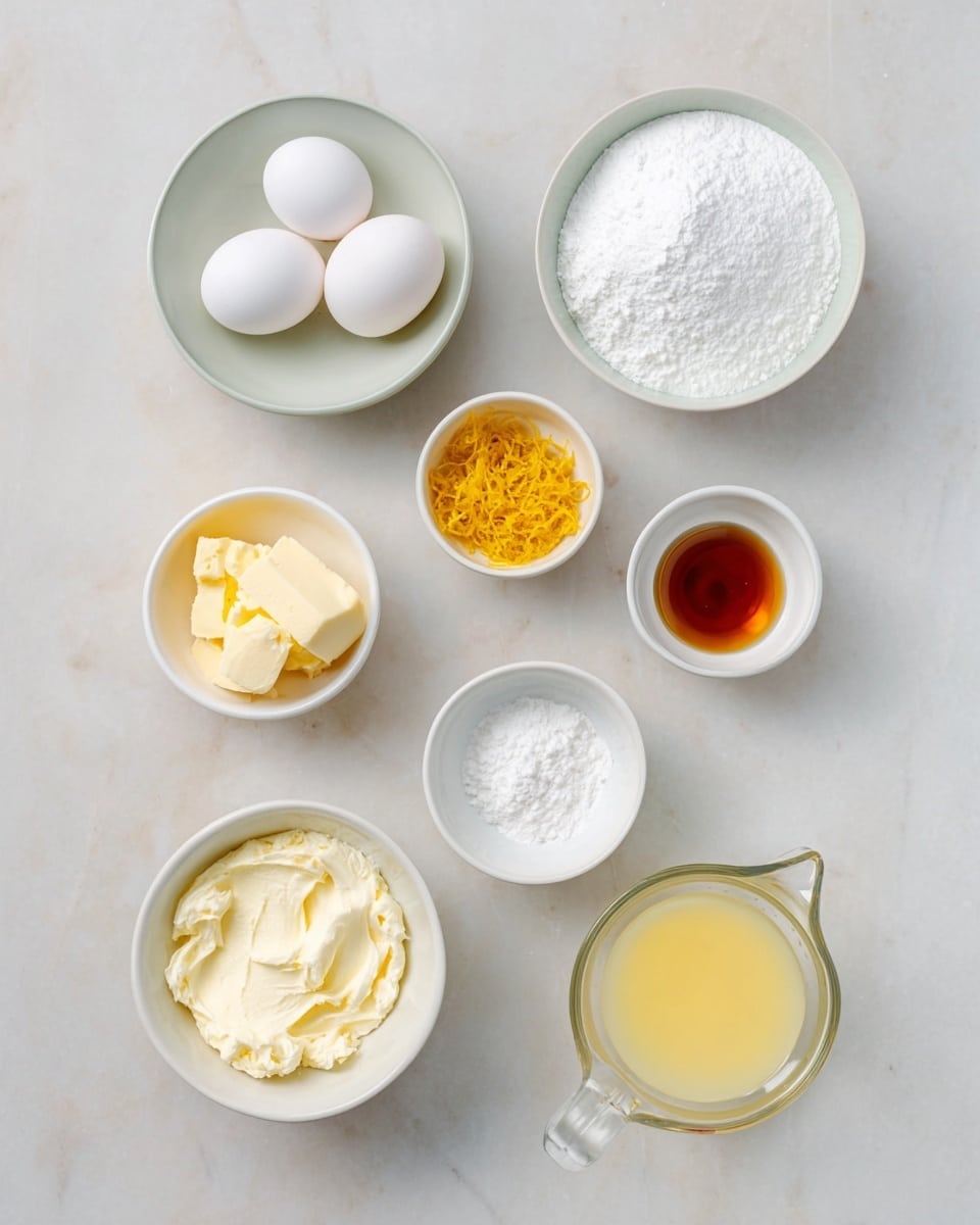 The image shows nine small white bowls and one clear measuring cup arranged on a white marbled surface. The top left bowl holds two white eggs with smooth shells. To the right is a bowl filled with white granulated sugar. Below the eggs is a tiny bowl with bright yellow lemon zest. To the left center is a small bowl with amber-colored vanilla extract. Below the lemon zest is a bowl filled with soft, creamy white cream cheese. To the right of the cream cheese is a tiny bowl containing white baking powder. On the bottom left is a bowl with pale yellow butter that looks soft and slightly melted. Next to it is a very small bowl with coarse sea salt. Finally, the clear measuring cup on the bottom right is filled with light yellow lemon juice, slightly translucent. All items are neatly spaced out against the clean white marbled background. photo taken with an iphone --ar 4:5 --v 7