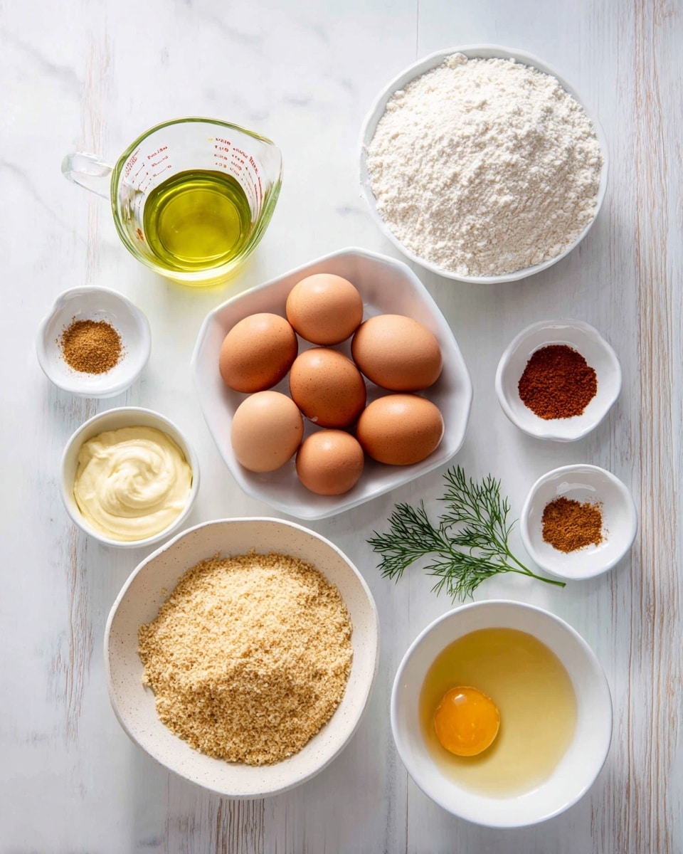 A white square container with six brown eggs sits near the center on a white marbled surface. To the left is a clear glass measuring cup filled with light yellow oil. Above the eggs is a white bowl filled with white flour. To the bottom right of the eggs is a white bowl filled with light brown breadcrumbs and above it a white bowl with pale beige panko breadcrumbs. Next to the flour is a small white bowl with a creamy pale yellow mayo-like sauce. To the top right are five small white bowls arranged in a loose cluster: one with salt, one with light brown seasoning, one with reddish paprika, one with yellow mustard, and the last containing a small green dill sprig. Below the breadcrumbs is a white bowl with a beaten yellow egg. The whole setup is on a white marbled surface photo taken with an iphone --ar 4:5 --v 7