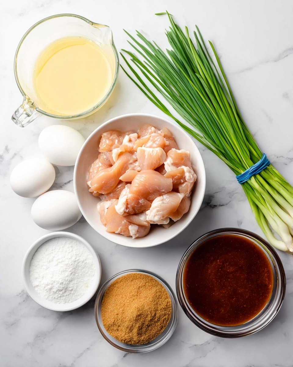 The image shows several ingredients arranged on a white marbled surface. In the center is a white bowl filled with small, light pink pieces of raw chicken. Around it are three white eggs placed close together. To the right, there is a bunch of fresh green chives tied with a blue rubber band. On the left side, there is a clear glass measuring cup filled with a pale yellow liquid, likely chicken broth. Below the chicken, there is a small white ramekin containing white powder, probably cornstarch. Below that, there is a small white bowl filled with light brown sugar. To the right of the brown sugar, there is a clear glass bowl with a thick, dark reddish-brown sauce. The composition is neat and clearly shows all ingredients with natural light. Photo taken with an iphone --ar 4:5 --v 7