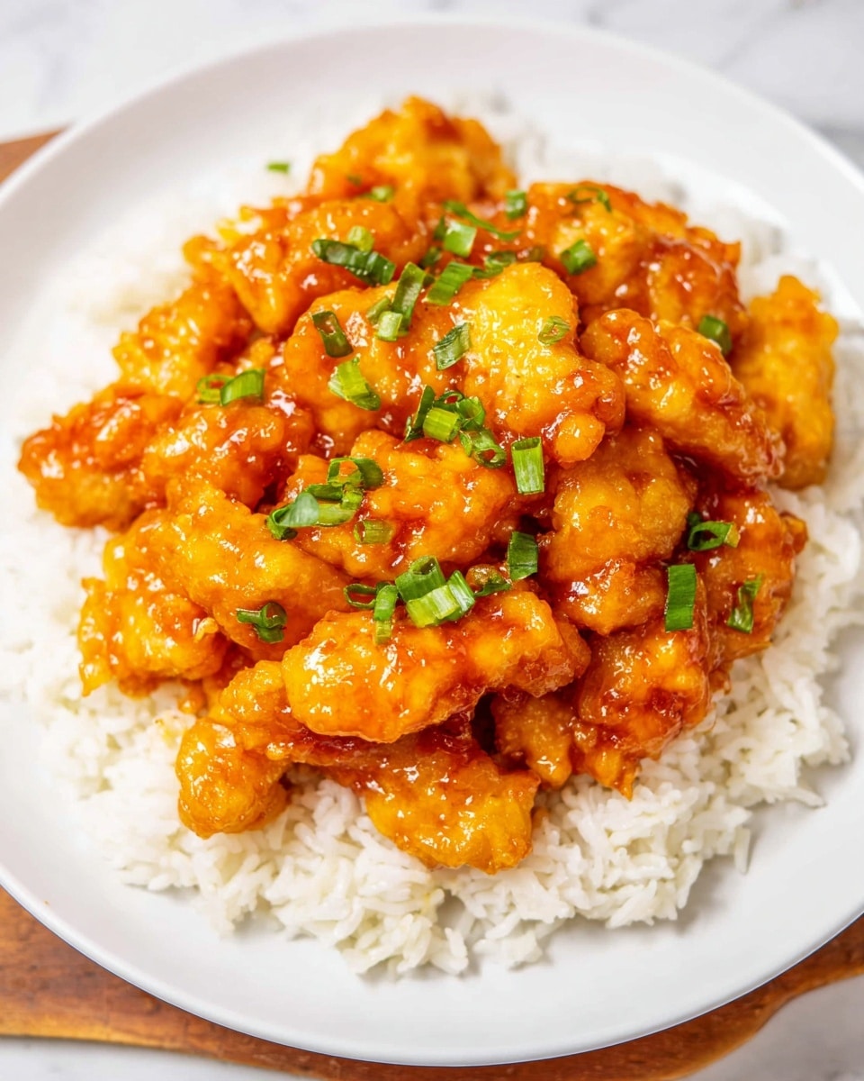 A white plate on a white marbled surface holds a serving of white rice as the bottom layer, soft and slightly fluffy in texture. On top, there is a thick layer of golden-brown fried chicken pieces coated in a bright orange sticky sauce, giving them a shiny and glossy look. Small green chopped scallions are sprinkled over the chicken, adding a fresh contrast to the orange tones. The dish is centered on the plate with the rice peeking out from the edges of the chicken. Photo taken with an iphone --ar 4:5 --v 7