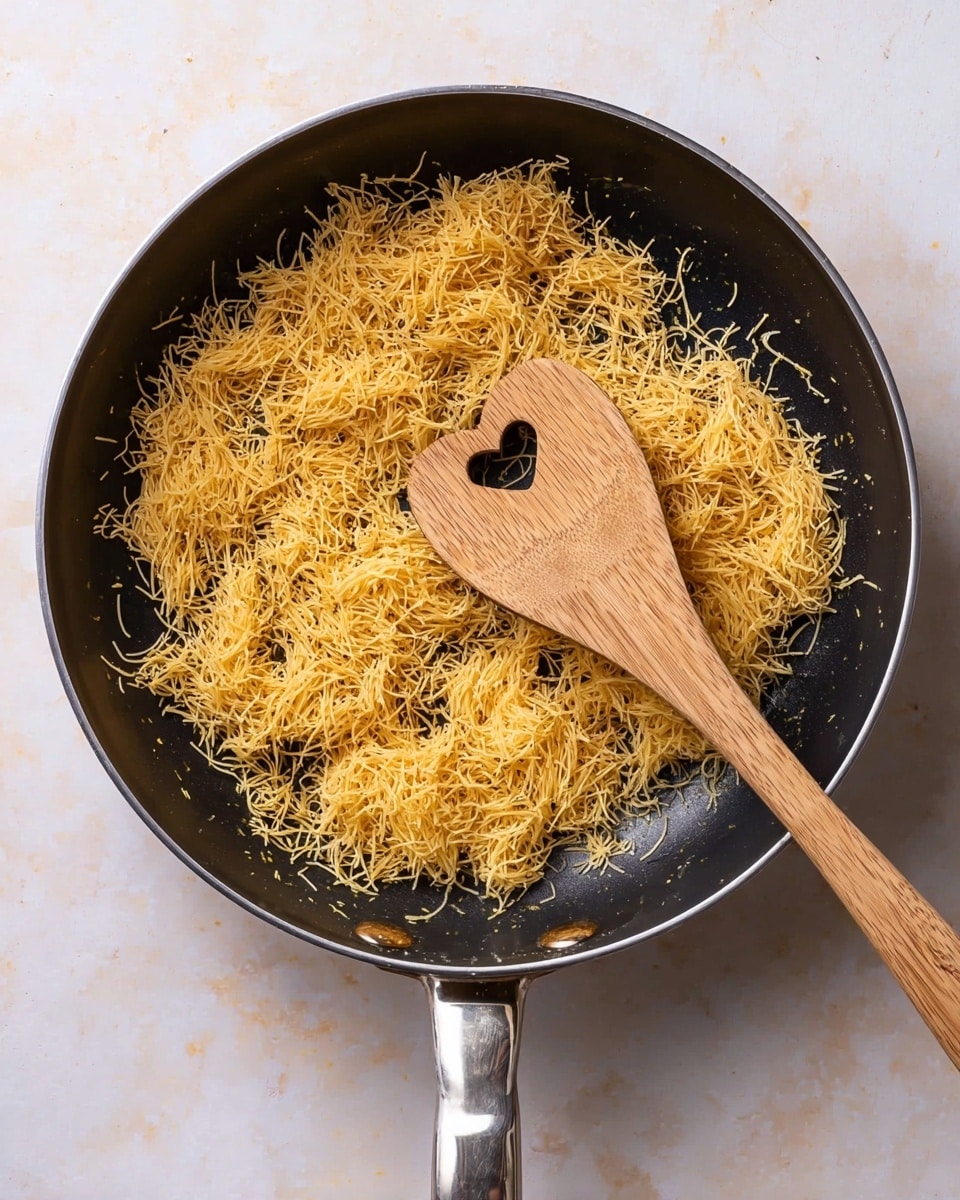 A black frying pan filled with a single layer of fine, golden-yellow shredded strands spread evenly across the surface. A wooden spoon with a heart-shaped hole in its center rests on top of the strands toward the right side of the pan, its natural wood color contrasting with the dark pan and golden texture. The pan is placed on a white marbled surface, which adds a clean, soft background to the scene. photo taken with an iphone --ar 4:5 --v 7
