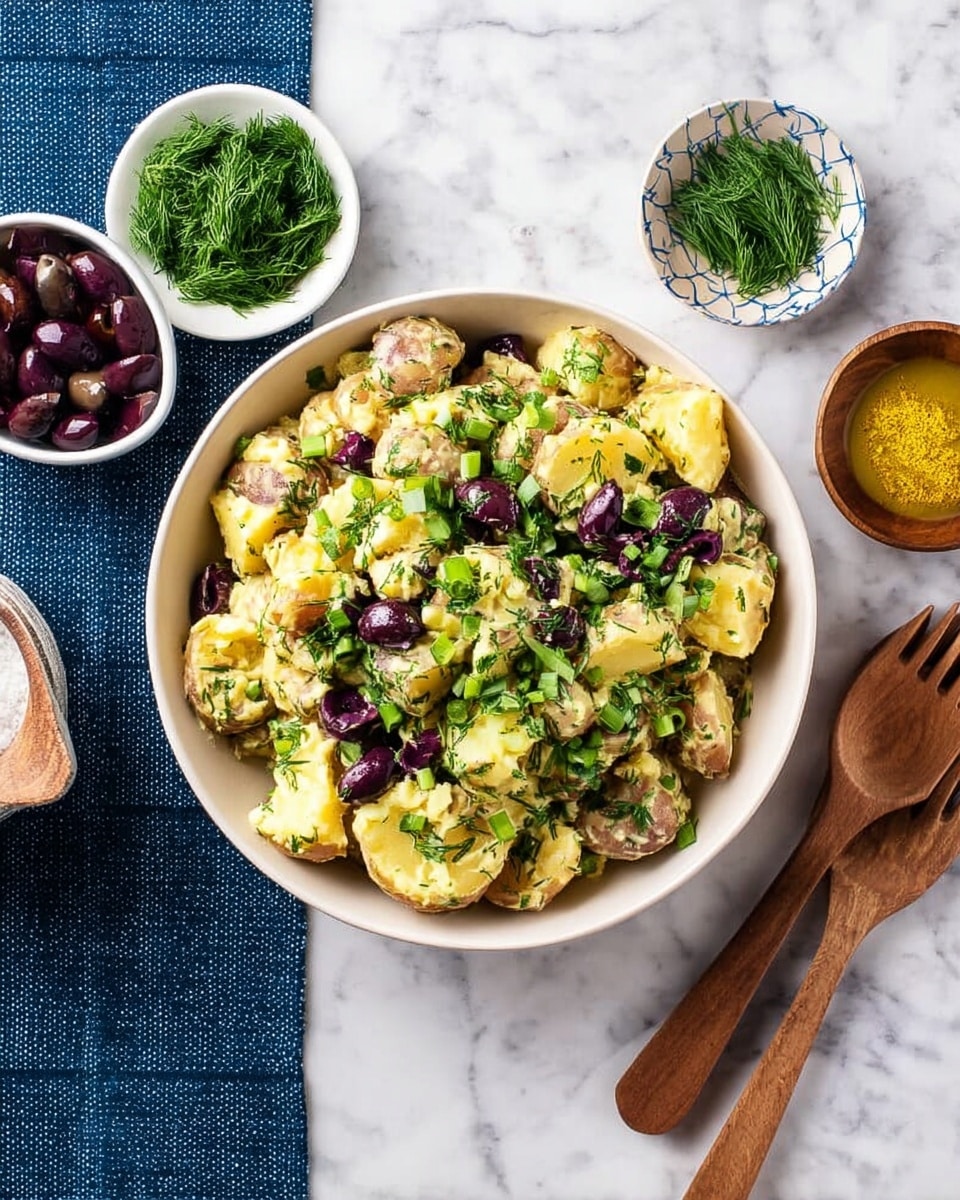 A white bowl filled with a potato salad that has three main layers: the bottom layer is a mix of chunky, soft yellow potato pieces, the middle layer includes dark purple sliced olives spread evenly, and the top layer is garnished with bright green chopped herbs like parsley and dill along with sliced light green scallions. Around the bowl, there are small white bowls holding dark purple olives, finely chopped green herbs, yellow mustard dressing, and some fresh dill. To the right side, a wooden spoon and fork rest on a dark blue cloth on a white marbled surface. Photo taken with an iphone --ar 4:5 --v 7