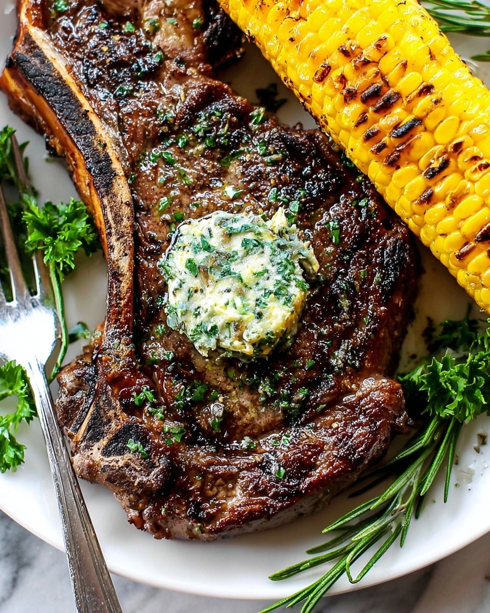 A close-up view of a grilled steak with a dark brown, slightly charred crust, topped with a round dollop of green herb butter melting on its surface. The steak rests on a white plate with sprigs of fresh green parsley and rosemary on the side. On the top right corner, there is a bright yellow grilled corn on the cob showing visible char marks. A silver fork is placed on the left side of the steak, resting on the plate. The plate is set on a white marbled surface. Photo taken with an iphone --ar 4:5 --v 7