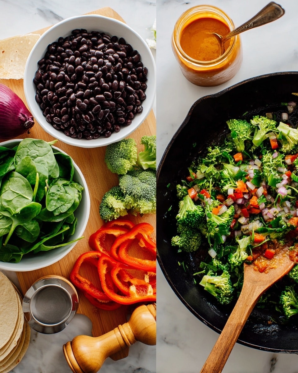 The image shows two parts: on the left, a white bowl filled with black beans, next to a white bowl full of fresh green spinach leaves, with sliced red bell pepper halves, broccoli florets, a half purple onion, a small jar of thick orange sauce with a spoon, a small metal cup of liquid, wooden pepper grinder, and some wheat tortillas stacked at the bottom. All ingredients are on a wooden board and a white marbled surface. On the right, a black cast iron pan with cut green broccoli, red bell pepper pieces, and cooked chopped onions being stirred with a wooden spoon, all on a white marbled surface. Photo taken with an iphone --ar 4:5 --v 7