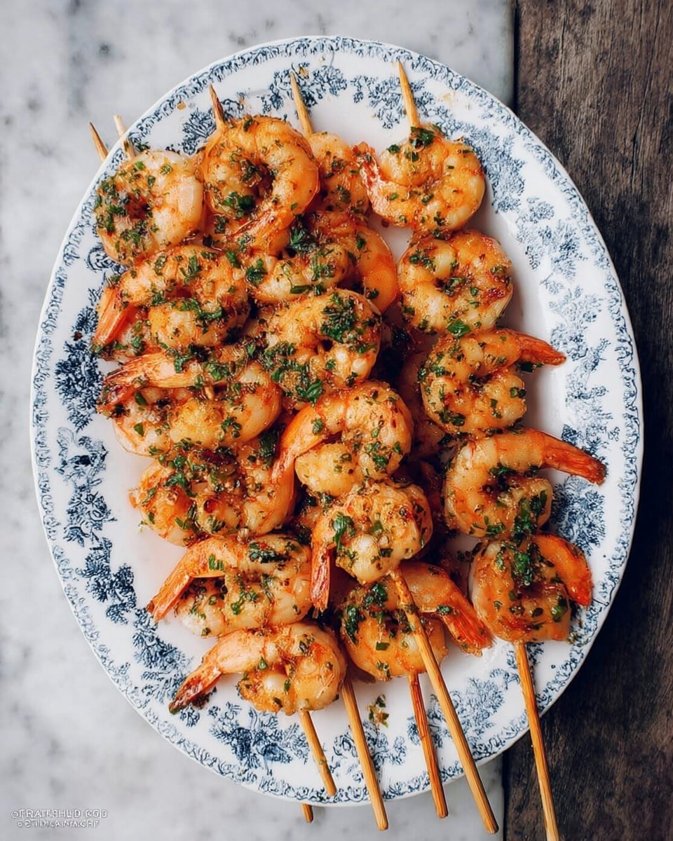 A white oval plate with blue floral patterns is filled with several wooden skewers, each holding multiple grilled shrimp. The shrimp are golden-orange with light char marks, evenly coated with green parsley flakes and small bits of seasoning. The skewers are laid close together, covering most of the plate, which sits on a white marbled surface. photo taken with an iphone --ar 4:5 --v 7