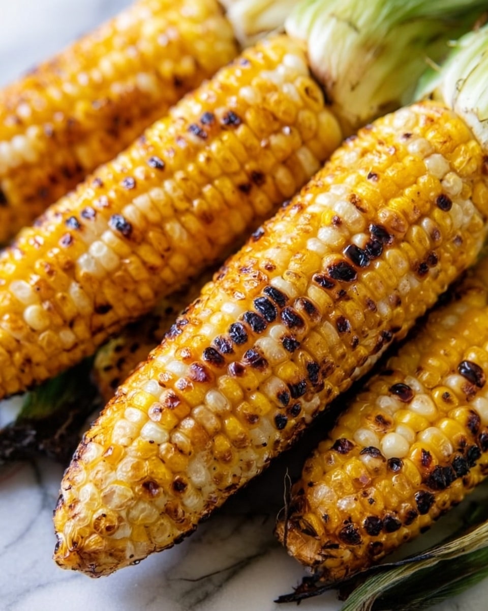The image shows several ears of grilled corn with blackened spots from cooking, arranged closely together on a white marbled surface. The corn kernels show a mix of yellow and pale white colors, with a slightly shiny and cooked texture. Some dried green husk leaves are visible beneath and along the sides of the corn, adding a natural contrast. The char marks vary in size and are spread unevenly across the corn, highlighting the grilling process. photo taken with an iphone --ar 4:5 --v 7
