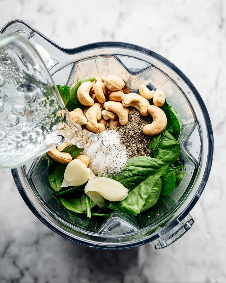 A clear blender jar is shown from above with several layers inside: fresh dark green basil leaves at the bottom, a handful of light tan cashew nuts scattered on top, three whole peeled garlic cloves in the center, and a small pile of white coarse salt with a sprinkle of black pepper over the cashews. Part of a glass jug of water with clear liquid is about to pour into the blender. The blender sits on a white marbled surface. photo taken with an iphone --ar 4:5 --v 7