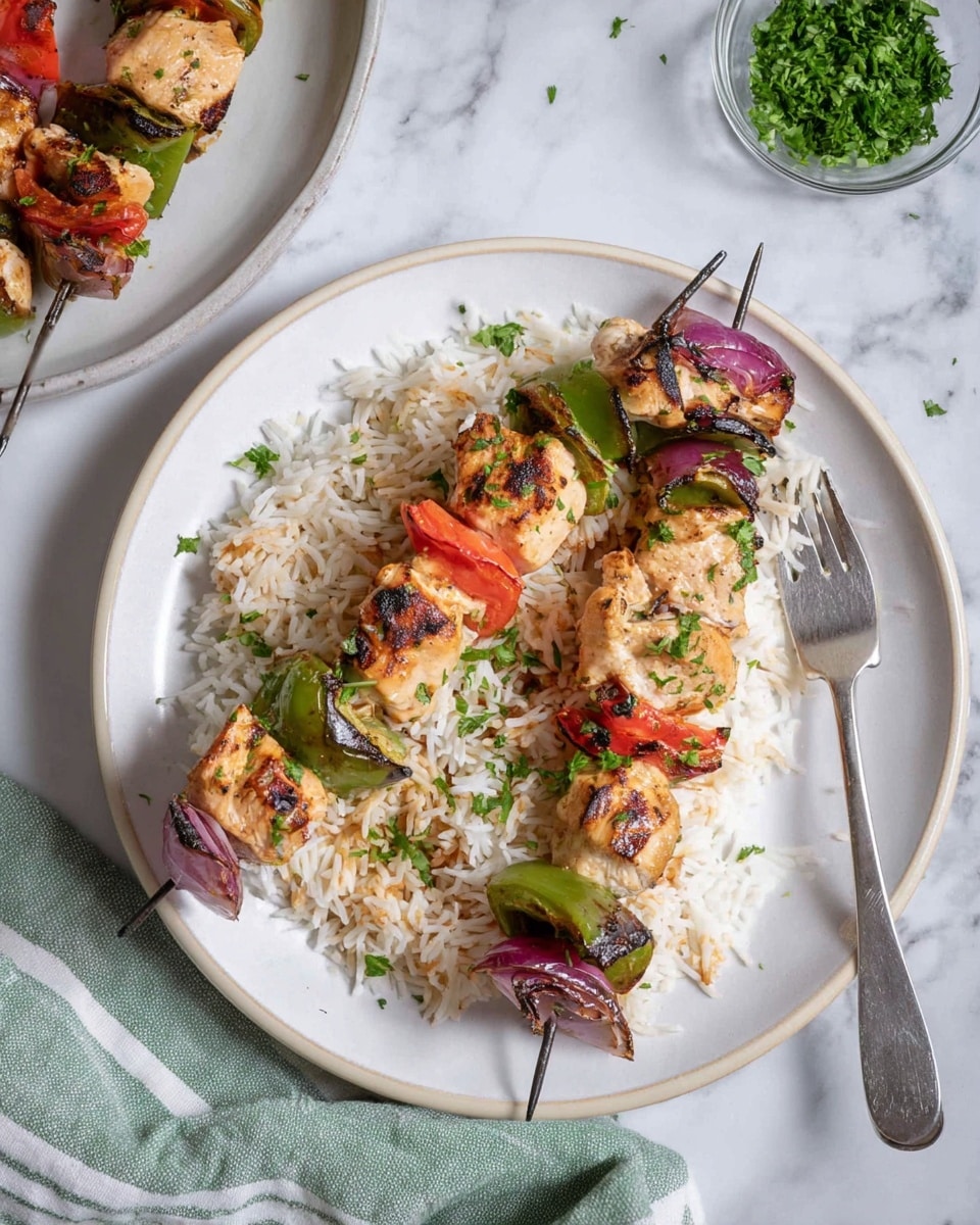Two metal skewers sit on a round white plate filled with a bed of white rice mixed with light brown toasted vermicelli. Each skewer has five layers from bottom to top: a green bell pepper piece, a red bell pepper piece, a grilled light brown chicken piece, a slice of grilled purple onion, and another grilled light brown chicken piece. The chicken pieces have a slight char on them and are sprinkled with small chopped green herbs. The plate is on a white marbled surface next to a small clear bowl of green chopped herbs and a larger white plate with more rice and chicken skewers partly visible. A silver fork rests on the edge of the plate near the bottom left corner. A green and white striped cloth napkin is partly visible. Photo taken with an iphone --ar 4:5 --v 7