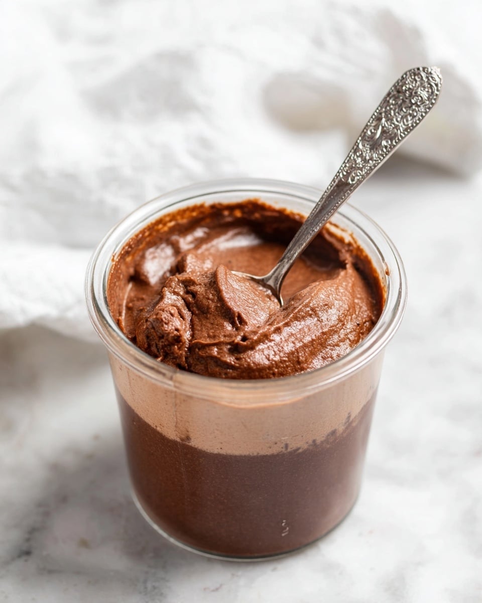 A clear container filled with two visible layers: the bottom layer is a dark brown chocolate pudding with a smooth, dense texture, and the top layer is a lighter brown chocolate mousse with a soft, fluffy texture. A silver ornate spoon is partially dipped into the mousse, resting on the edge of the container. The background is a white marbled surface with a white cloth softly blurred in the background. photo taken with an iphone --ar 4:5 --v 7