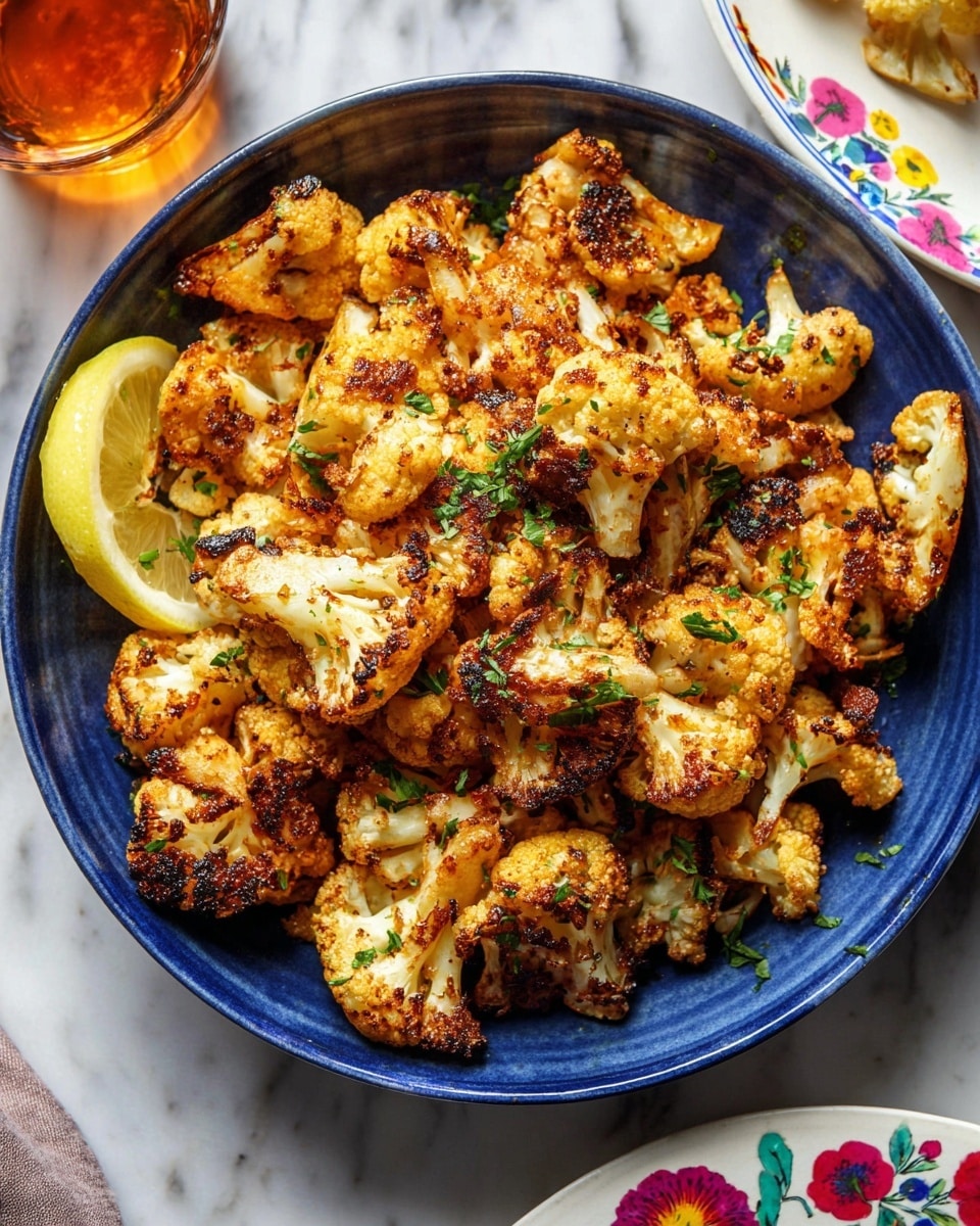 A blue bowl filled with roasted cauliflower pieces that are golden brown and slightly charred, showing a mix of crispy and tender textures. The cauliflower is sprinkled with finely chopped green herbs, and there is a lemon wedge placed around the top edge of the bowl. The bowl is set on a white marbled surface, with a glass of amber-colored liquid visible in the upper left corner and a partial view of a white plate with colorful floral design in the upper right. Photo taken with an iphone --ar 4:5 --v 7
