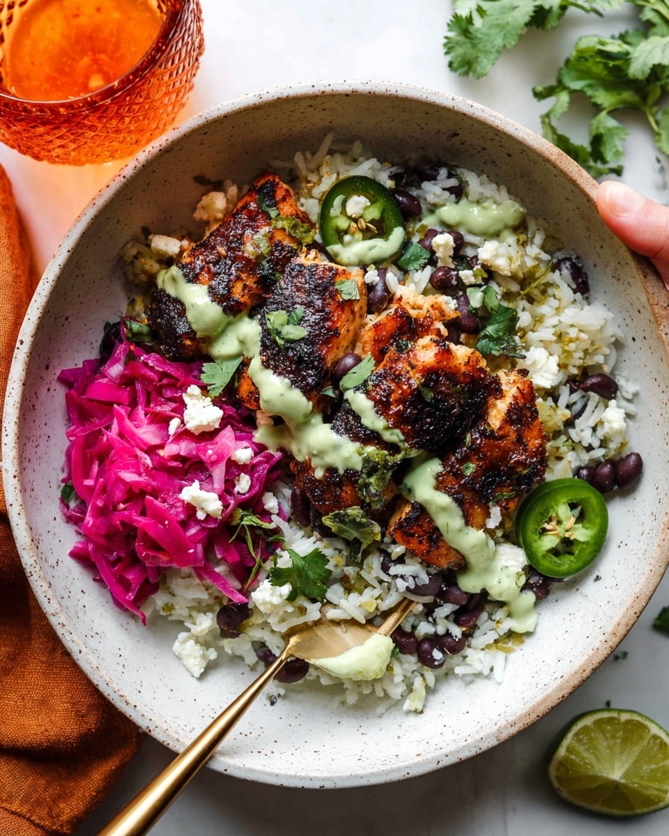 The dish is served in a white speckled bowl on a white marbled surface. The bottom layer is white rice mixed with some black beans. On top of this, there are several pieces of grilled, dark brown and slightly charred fish with a moist, flaky texture. Bright pink pickled cabbage is placed to one side of the bowl. Scattered over everything are small chunks of white cheese, slices of green jalapeño, and fresh green cilantro leaves. Creamy green sauce is drizzled over the fish and beans adding a smooth texture. A gold and black fork is inserted into the bowl with a woman's hand nearby. In the background, an orange textured glass and some green herbs are slightly visible. photo taken with an iphone --ar 4:5 --v 7