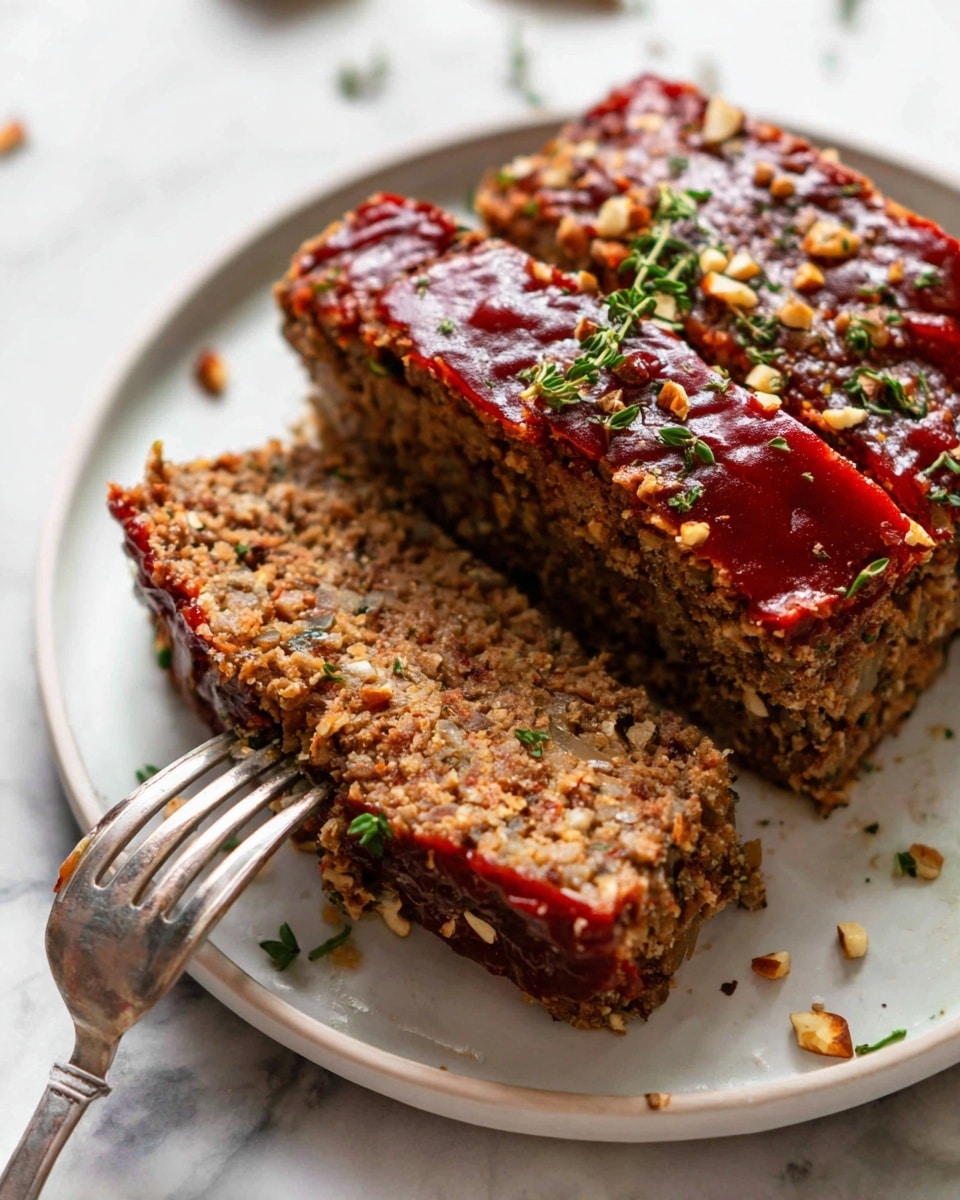 Two thick slices of brown meatloaf with a textured, crumbly surface sit on a white plate, topped with a shiny red glaze along the top edges of each slice. One slice is on top of the other slightly, showing the moist inside with bits of onion and herbs visible throughout. A piece of the front slice is cut and held by a fork resting on the plate. Small green herb leaves and bits of nuts are sprinkled around on the white marbled surface under the plate. Photo taken with an iphone --ar 4:5 --v 7