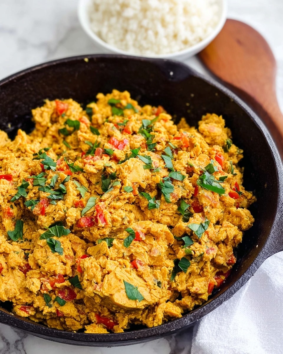A close-up view of a black cast iron pan filled with cooked scrambled mixture that is yellow-orange in color with red bits, mixed with chopped green leaves scattered on top. The mixture has a chunky texture with soft pieces and visible small diced vegetables. Behind the pan on a white marbled surface, there is a wooden spatula with a smooth finish and light color, and a white bowl filled with white grain, possibly cauliflower rice, partially visible. Part of a white cloth napkin is also seen in the background. photo taken with an iphone --ar 4:5 --v 7