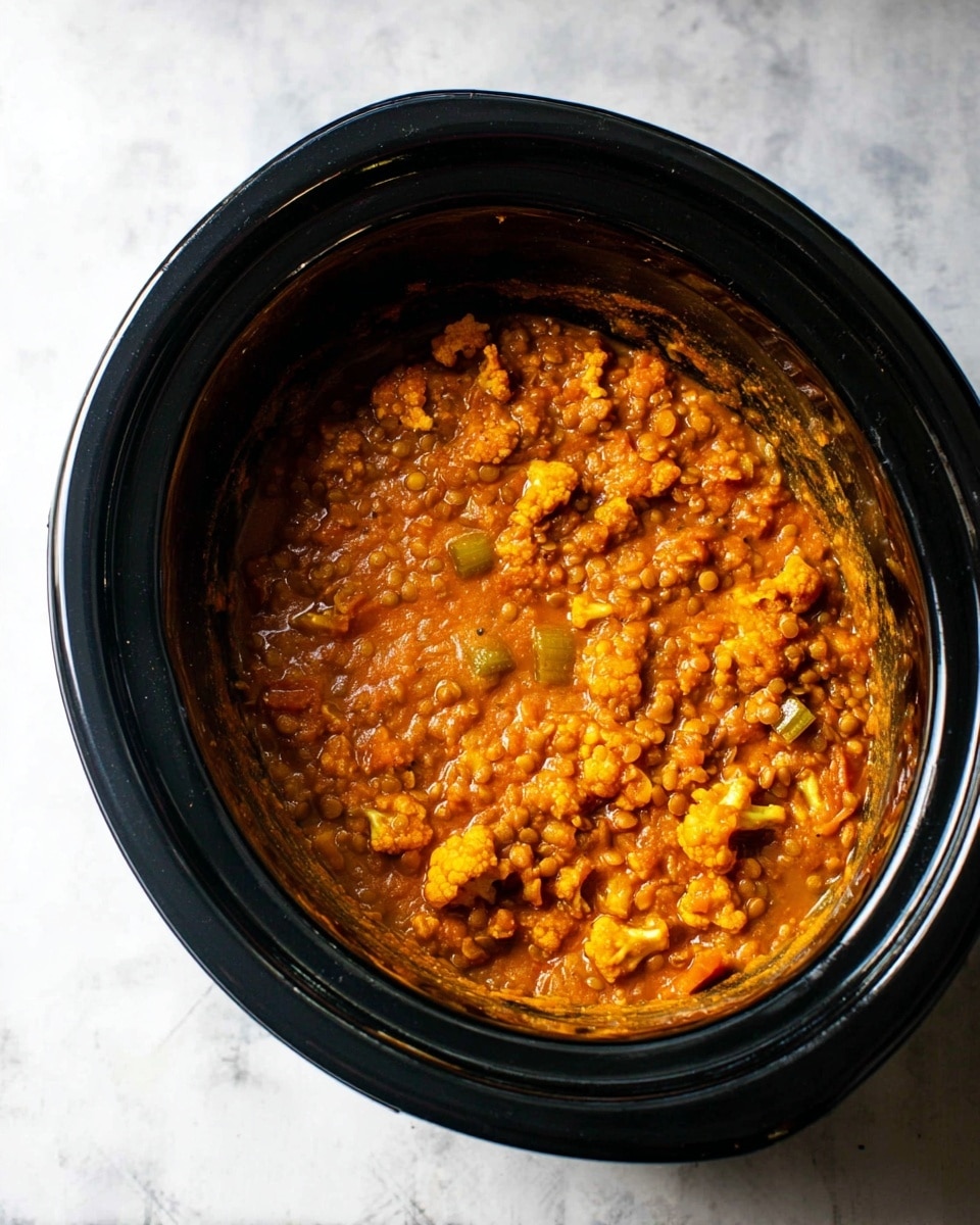 The image shows a black slow cooker filled with a thick orange stew made of cauliflower florets and ground lentils. The stew looks saucy and dense, with small pieces of vegetables like celery mixed in. The cauliflower pieces are spread evenly throughout and have a soft texture, blending well with the cooked lentils in the orange-colored sauce. The slow cooker is placed on a white marbled surface, visible around it. photo taken with an iphone --ar 4:5 --v 7