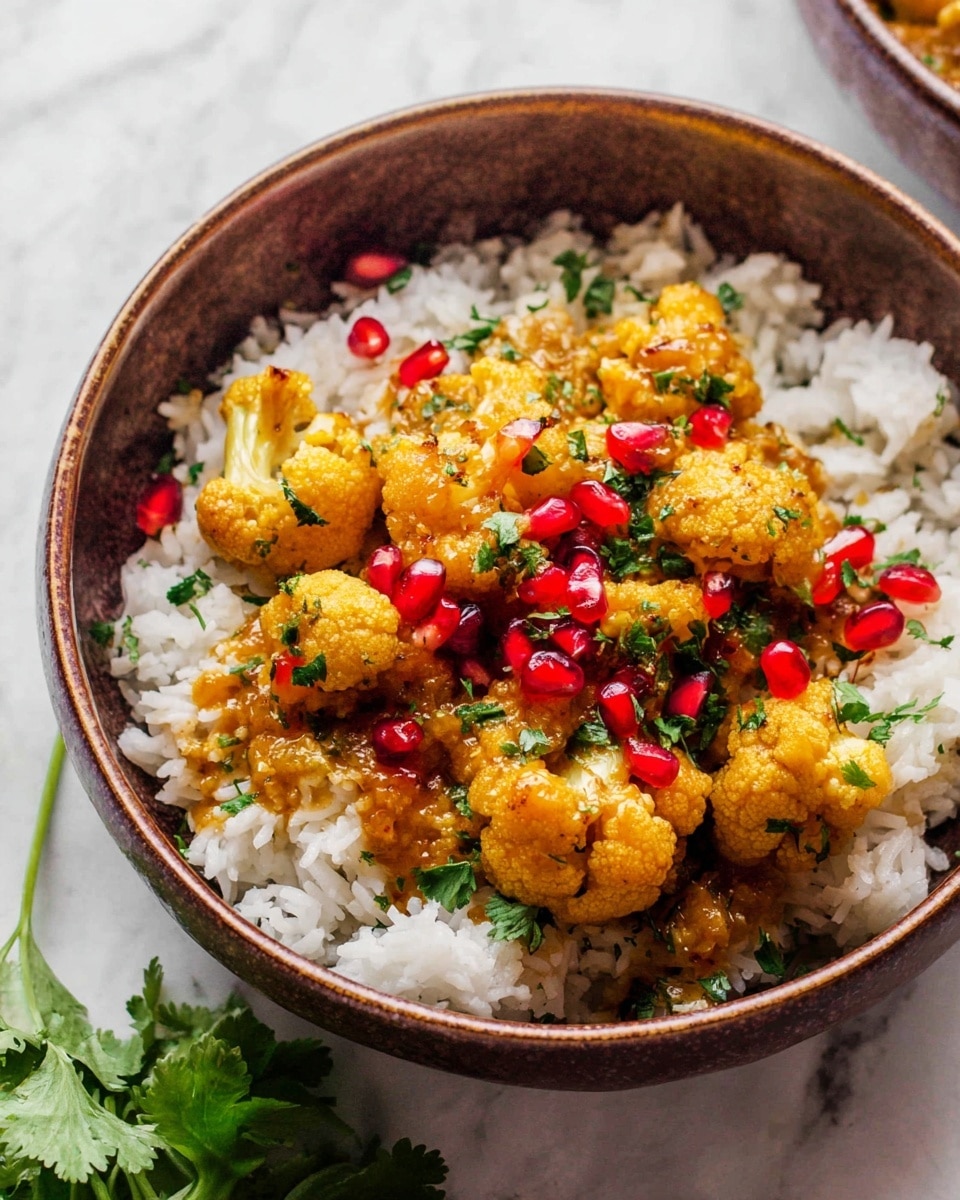A brown bowl sits on a white marbled surface filled with fluffy white rice as the bottom layer, topped with golden-brown cauliflower pieces coated in a thick orange sauce as the middle layer. Bright red pomegranate seeds are scattered across the cauliflower, adding small shiny red spots, while chopped green herbs lightly cover the dish, offering a fresh, leafy texture. A sprig of fresh green cilantro rests at the side of the bowl. Photo taken with an iphone --ar 4:5 --v 7