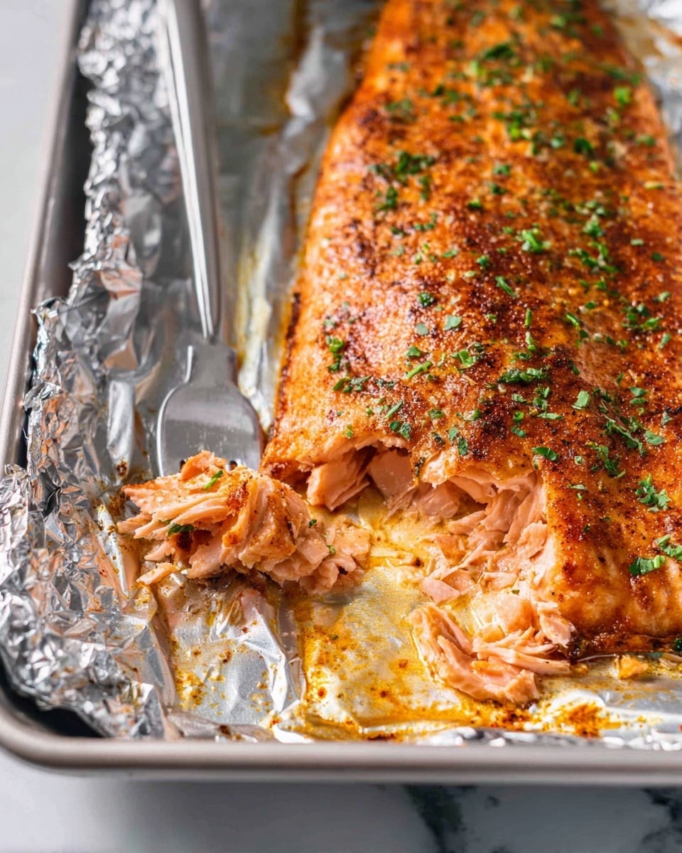 A large piece of cooked salmon on a sheet of silver foil, placed in a metal baking tray with a white marbled surface underneath. The salmon has a crispy, well-seasoned orange-brown top layer with small green herb bits sprinkled over it. The inside of the salmon is soft and flaky, showing light pink layers, with part of it being gently flaked off and held by a silver fork sunk into the fish. The foil around the salmon shows some orange oil stains, and the overall look is warm and inviting. photo taken with an iphone --ar 4:5 --v 7