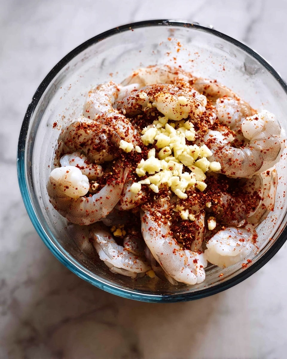 A clear glass measuring cup filled with raw shrimp showing a light grey and white color layered at the bottom and center. The shrimp are topped with small piles of minced garlic in pale yellow, scattered unevenly across the surface. A deep red spice powder is sprinkled all over the shrimp, creating a speckled pattern. The measuring cup is placed on a white marbled surface. Photo taken with an iphone --ar 4:5 --v 7
