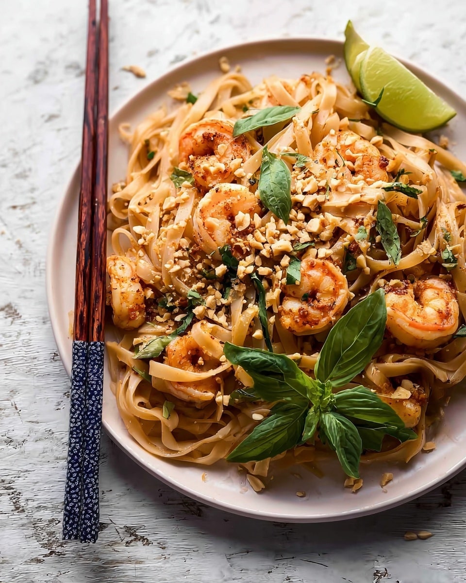 A white plate holds a serving of thick flat beige noodles piled high as the base layer, mixed with medium-sized cooked shrimp that have a slight orange-pink tint and a seared texture, scattered evenly throughout. On top, there is a light sprinkling of crushed beige nuts and several green fresh basil leaves placed both on the noodles and shrimp. To the right, a wedge of lime with light green color rests on the edge of the plate. A pair of wooden chopsticks with dark blue and white patterned handles lays on the left side of the plate. The plate sits on a white marbled surface. Photo taken with an iphone --ar 4:5 --v 7