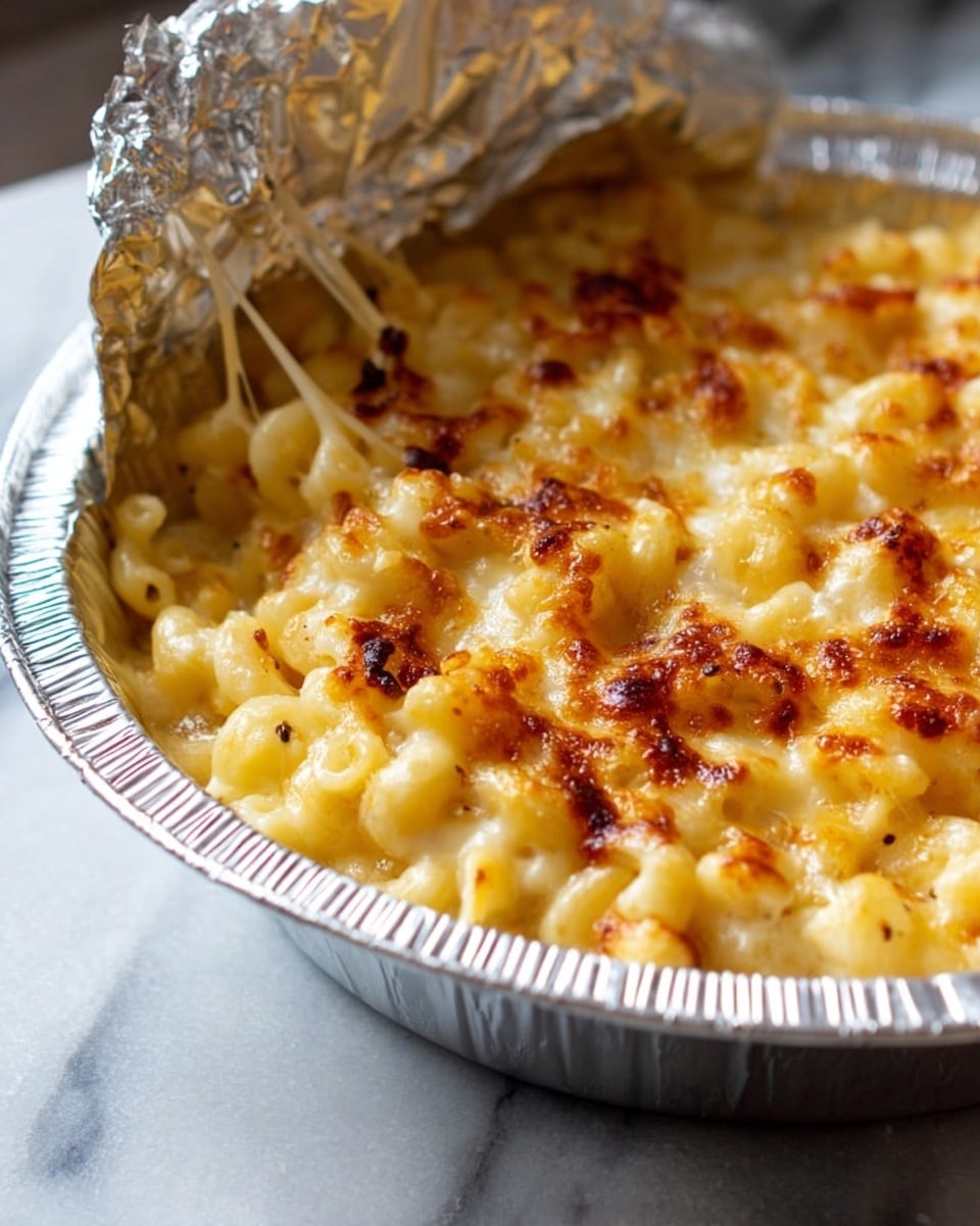 This image shows a close-up of baked macaroni and cheese in a round aluminum foil container. The dish has one main layer of elbow pasta covered in melted cheese with small parts browned and crisp on top, showing a mix of creamy yellow and golden-brown colors. The cheese stretches thinly above the surface, suggesting it is hot and fresh. A piece of aluminum foil is slightly pulled back at the top left corner, revealing the food inside. The container sits on a white marbled surface. photo taken with an iphone --ar 4:5 --v 7