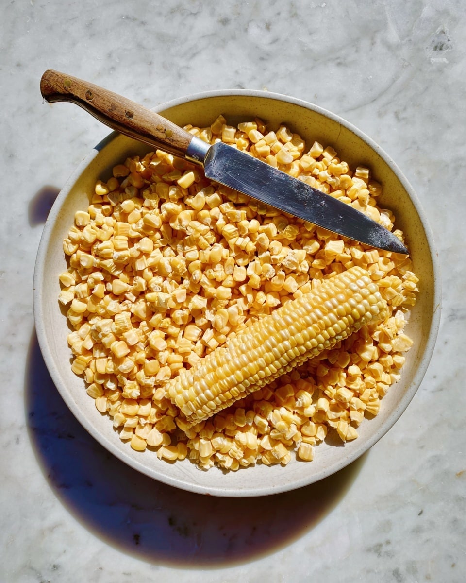 A white round bowl filled with many small yellow corn kernels, with a portion of the corn cob placed on the right side inside the bowl. On top of the kernels, near the center, there is a knife with a wooden handle and a shiny, slightly reflective blade. The bowl is set on a white marbled surface with soft shadows around the bowl. photo taken with an iphone --ar 4:5 --v 7