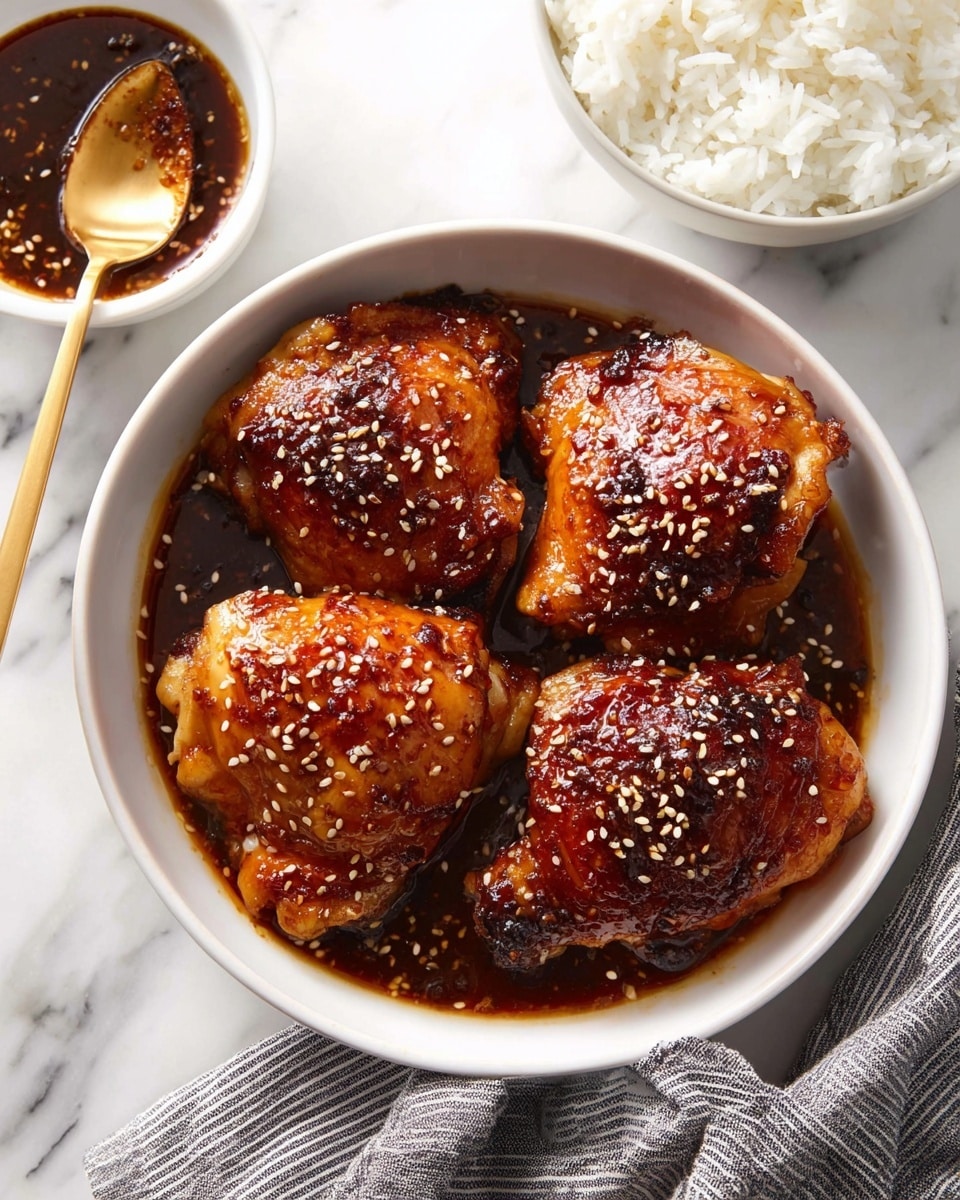 A white bowl holds four pieces of glazed chicken thighs, each coated in a shiny, thick dark brown sauce with a slightly sticky texture. The chicken shows juicy, golden brown skin underneath the sauce, glistening with small sesame seeds sprinkled evenly over the top. To the upper left of the bowl is a smaller white bowl filled with more sauce and a gold spoon resting inside, and to the upper right is another white bowl filled with white rice. The whole scene is set on a white marbled surface with a gray and white striped cloth near the bottom edge of the main bowl. Photo taken with an iphone --ar 4:5 --v 7