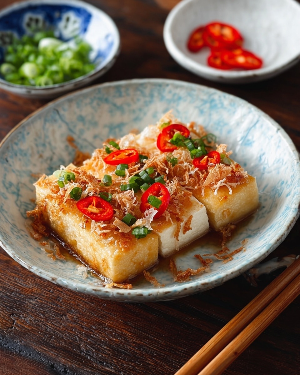 Three golden brown rectangular pieces of tofu are placed in a white bowl with a light blue pattern. Each tofu piece is topped with light, thin brown flakes, bright green chopped scallions, and thin red chili slices. The tofu looks slightly crispy on the edges and moist inside. The bowl is on a dark wooden surface with two small white bowls in the background, one with sliced green onions and the other with red chili slices. A pair of wooden chopsticks rests near the bowl. photo taken with an iphone --ar 4:5 --v 7