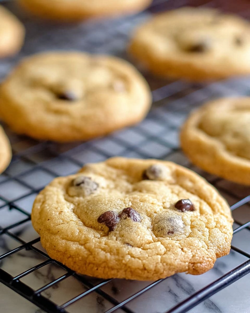 The image shows several light golden brown chocolate chip cookies with a soft, slightly puffy texture. Each cookie has a few dark chocolate chips embedded on the surface, creating small shiny spots that contrast with the warm cookie color. The cookies are placed on a black metal cooling rack, which sits on a white marbled surface. The focus is on the cookie in the front, showing clear crisp edges and a slightly wrinkled top. The background is softly blurred with more cookies on the rack visible but out of focus. Photo taken with an iphone --ar 4:5 --v 7