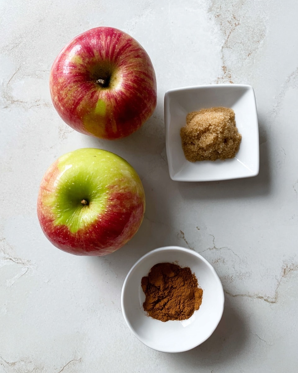 Two apples with red and green skin are placed on a white marbled surface, one on the top left and one below it. To their right, there is a small square white bowl holding a small mound of light brown sugar. Below that bowl, closer to the bottom right corner of the image, is a round white bowl with two small piles of cinnamon powder. The scene is simple and well lit, highlighting the natural colors and textures of the apples and spices. Photo taken with an iphone --ar 4:5 --v 7