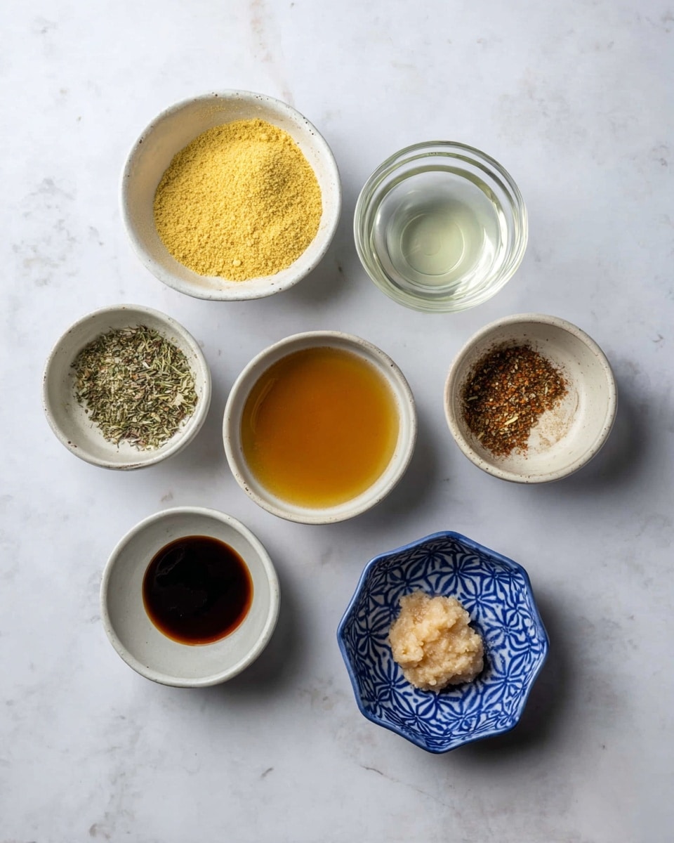 Seven small bowls are placed on a white marbled surface, arranged in a rough circle with one in the middle. The top left bowl is white, filled with a yellow powder that looks like nutritional yeast. To its right is a clear round bowl holding a transparent liquid, likely water. Below these, from left to right, are three white bowls: the first contains dried herbs and spices in green and brown shades, the middle one has a brown sauce, and the last one holds a yellow oil. At the bottom left is a small white bowl with a dark brown liquid. To its right, a small blue octagonal bowl with white patterns holds a small amount of a mashed beige paste. photo taken with an iphone --ar 4:5 --v 7
