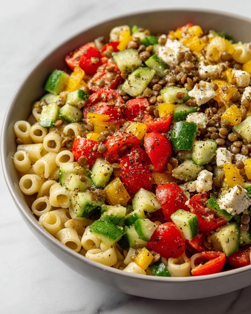 A close-up view of a salad in a white bowl showing three main layers: the bottom layer is small pale tube pasta, evenly spread; the middle layer is made of small brown lentils scattered throughout; the top layer consists of chopped bright red grape tomatoes, green cucumber slices, and small pieces of yellow bell pepper, all mixed together with bits of white cheese and black pepper sprinkled over. The whole bowl is placed on a white marbled surface. photo taken with an iphone --ar 4:5 --v 7