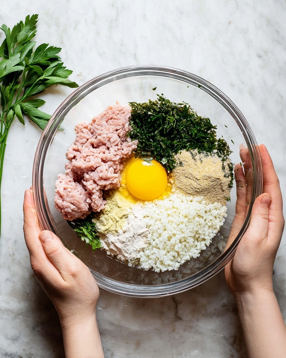 A clear glass bowl is held by two woman's hands over a white marbled surface. Inside the bowl, there are several separate layers: a pale pink raw ground meat layer on the left, a bright yellow egg yolk just above the center, a dark green chopped leafy herb layer on the upper right, a beige granular layer on the right, a light brown powdered spice layer near the center, a white granular salt layer slightly below that, and a bottom layer made of small white grains that look like cauliflower rice. Some leafy green herbs are placed on the surface to the left of the bowl. Photo taken with an iphone --ar 4:5 --v 7