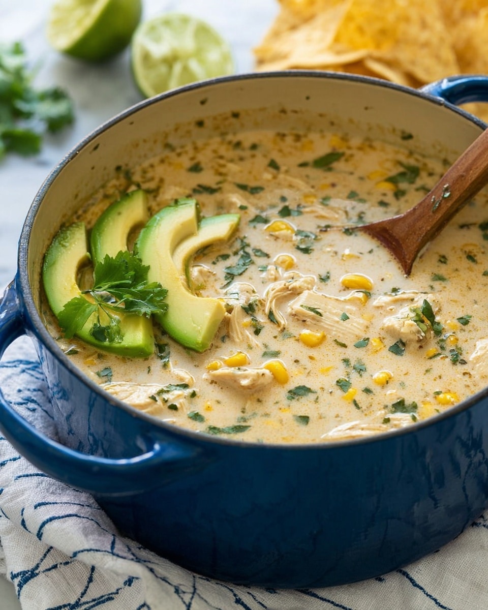A close-up of a blue pot filled with thick creamy soup that has pieces of chicken, corn, and green herbs mixed throughout. On one side, thin slices of fresh avocado are layered neatly in a fan shape with a bright green leaf on top. A wooden spoon is partly in the soup, resting on the edge of the pot. The pot sits on a white marbled surface with a white cloth patterned with blue lines underneath. In the background, lime wedges and pale yellow tortilla chips are partially visible. Photo taken with an iphone --ar 4:5 --v 7