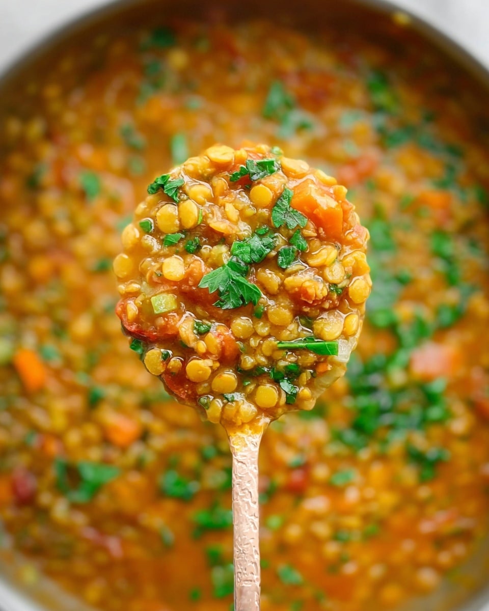 The image shows a close-up of a spoon filled with lentil stew, held above a pot of the same dish. The stew has one main layer of yellowish-brown cooked lentils mixed with small chunks of orange carrots, translucent onions, and bits of red tomatoes. Bright green chopped parsley is sprinkled on top of the lentils, adding a fresh touch. The background features the same stew in the pot with more scattered green parsley pieces, all on a white marbled surface. The focus is on the spoon with the lentils, showing a textured and hearty mixture in warm colors, inviting and steaming. photo taken with an iphone --ar 4:5 --v 7