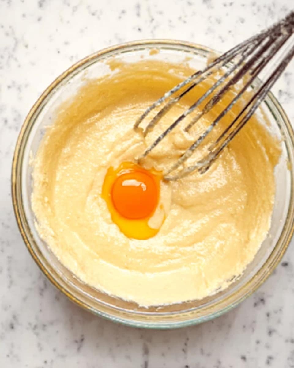 A clear glass bowl filled with a thick, creamy pale yellow batter, with an orange egg yolk sitting on top in the center. Two metal beaters are partially dipped into the batter, positioned vertically and appearing to be in use. The bowl is placed on a white marbled surface. Photo taken with an iphone --ar 4:5 --v 7