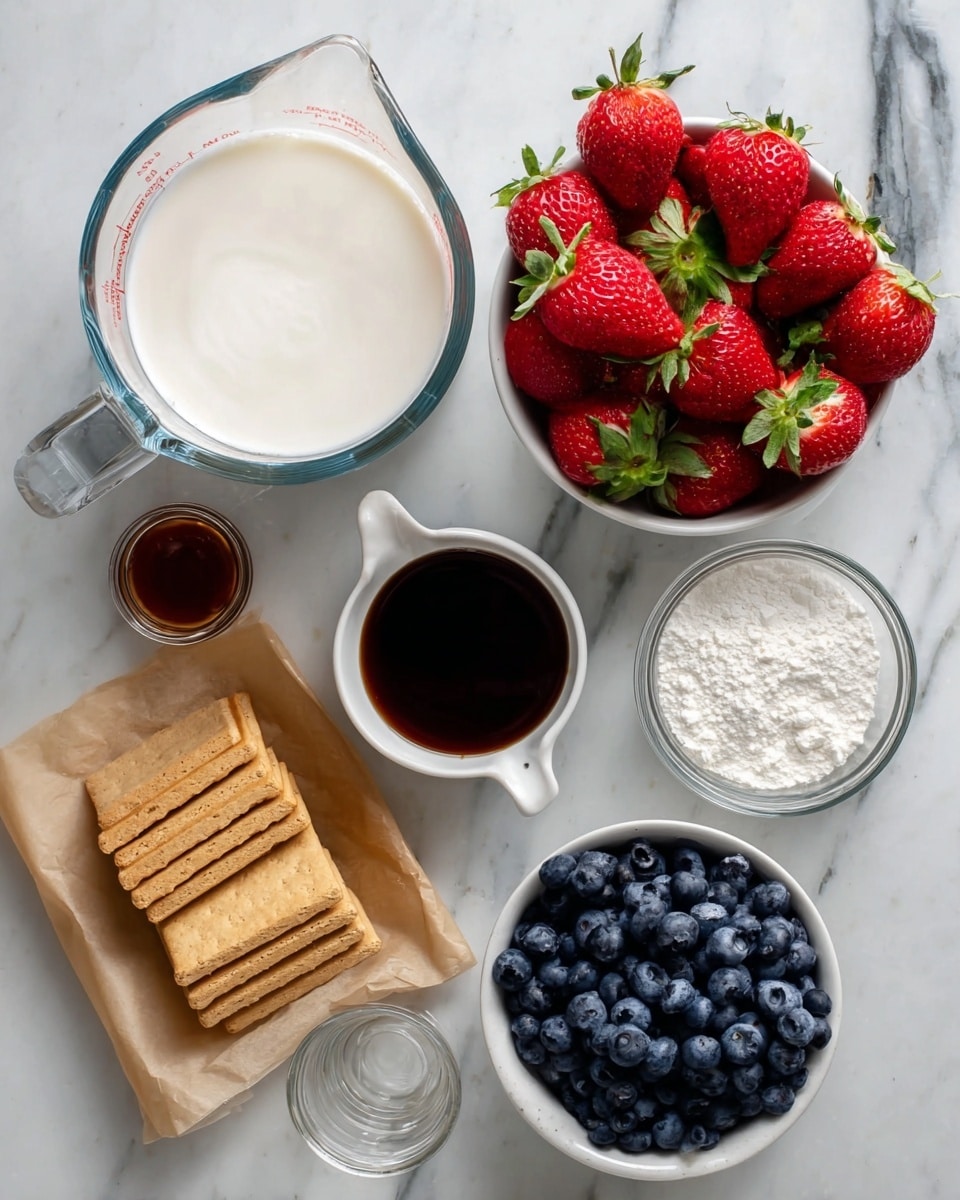 The image shows a top view of several ingredients placed on a white marbled surface. There is a large clear glass measuring cup filled with a white creamy liquid in the upper left, and to its right a small white measuring cup filled with white powdered sugar. Below these, a white bowl full of fresh red strawberries with green stems sits in the upper right. Just below it, a small clear glass container holds a dark brown liquid, possibly vanilla extract. On the left side near the center, an open brown paper wrapping reveals a stack of rectangular golden brown graham crackers. At the bottom center, a white bowl contains many fresh dark blue blueberries. A clear glass jar with clear liquid is placed between the dark brown vanilla container and the blueberries bowl. The overall scene is bright and clean, with fresh and colorful ingredients arranged neatly. Photo taken with an iphone --ar 4:5 --v 7