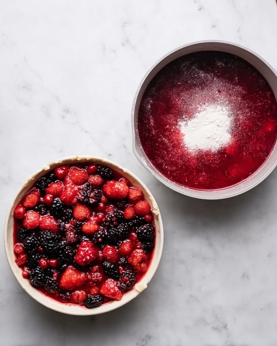 The image shows two white round bowls placed on a white marbled surface. The left bowl is filled with a mix of red and dark berries, including raspberries, blackberries, and small red fruits, all partly soaked in a red juice, giving a juicy, textured look with visible seeds and berry chunks. The bowl on the right contains a thick red liquid topped with a white powder at the center, creating a layered contrast between the dark red and bright white. Part of a dough circle is visible at the top edge of the image, slightly overlapping the bowls. Photo taken with an iphone --ar 4:5 --v 7