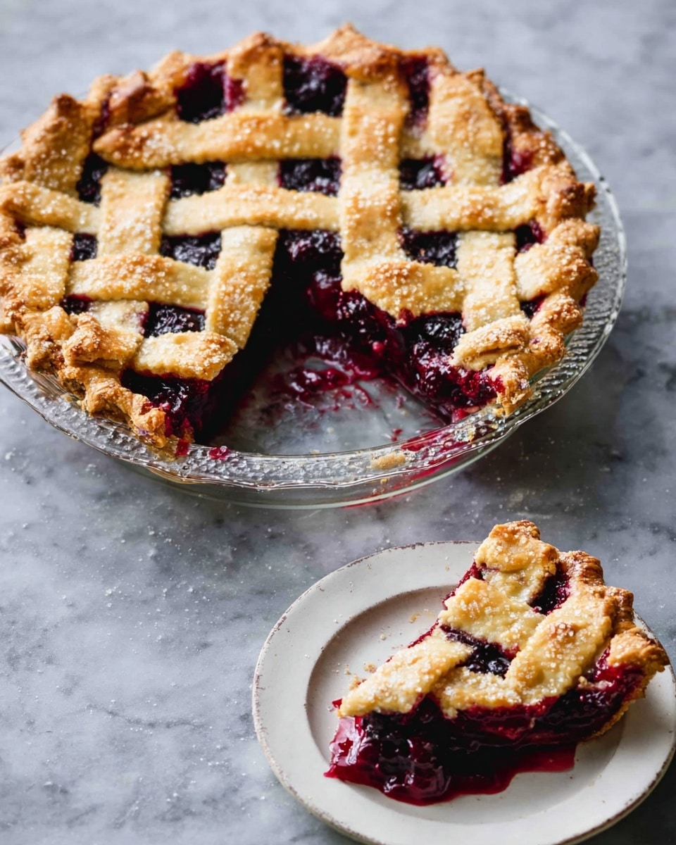 A freshly baked berry pie with a golden-brown lattice crust showing rich dark red and purple berry filling underneath. The pie is in a clear glass pie dish placed on a white marbled surface. A single slice is served on a white plate below, revealing thick layers of juicy berry filling topped with the same lattice crust, slightly crumbly with sugar crystals. The crust edges are crimped and browned evenly. The deep berry filling contrasts with the light tan crust in a simple, homey presentation. photo taken with an iphone --ar 4:5 --v 7