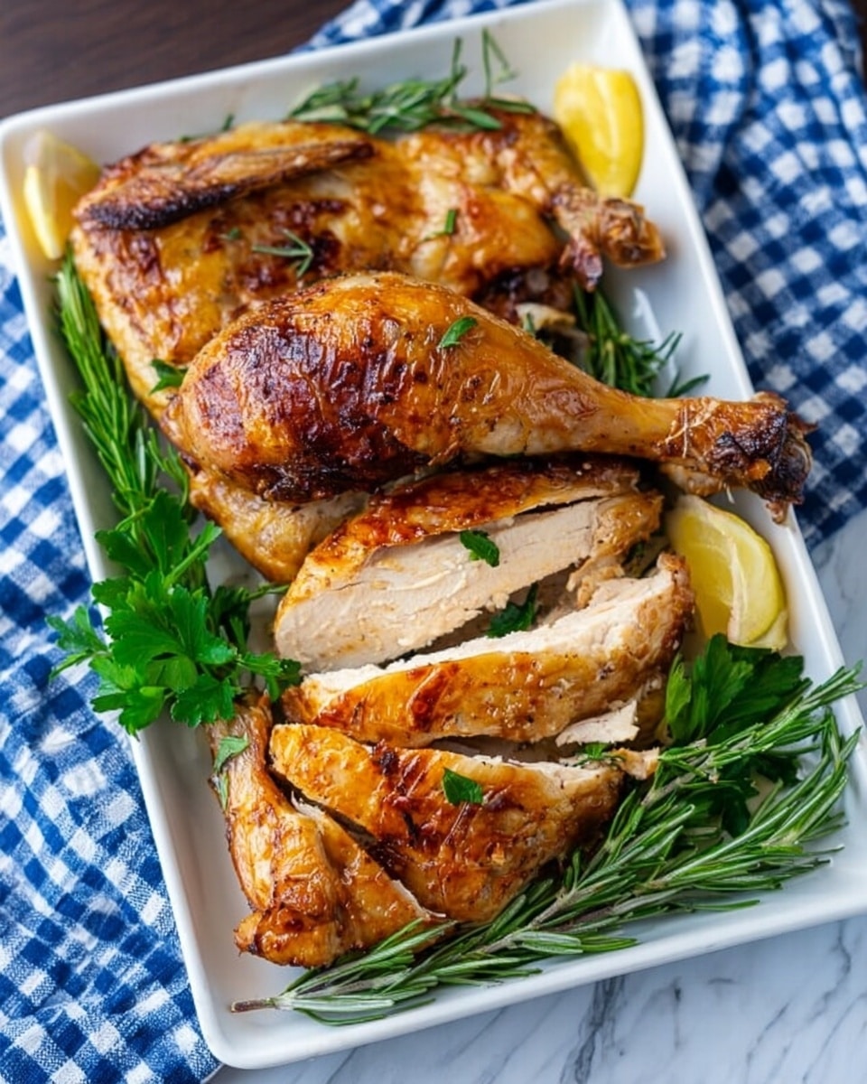 The image shows a white rectangular plate on a white marbled surface, holding a roasted chicken cut into several pieces. The top layer features the golden brown chicken skin with a slightly crispy texture. The chicken is arranged with two drumsticks on the upper left, a sliced chicken breast in the middle, and wings below it. Fresh green herbs like parsley and rosemary surround the chicken, adding bright green touches. On the top right corner, there are some yellow lemon wedges. The background shows a blue and white checkered cloth. photo taken with an iphone --ar 4:5 --v 7