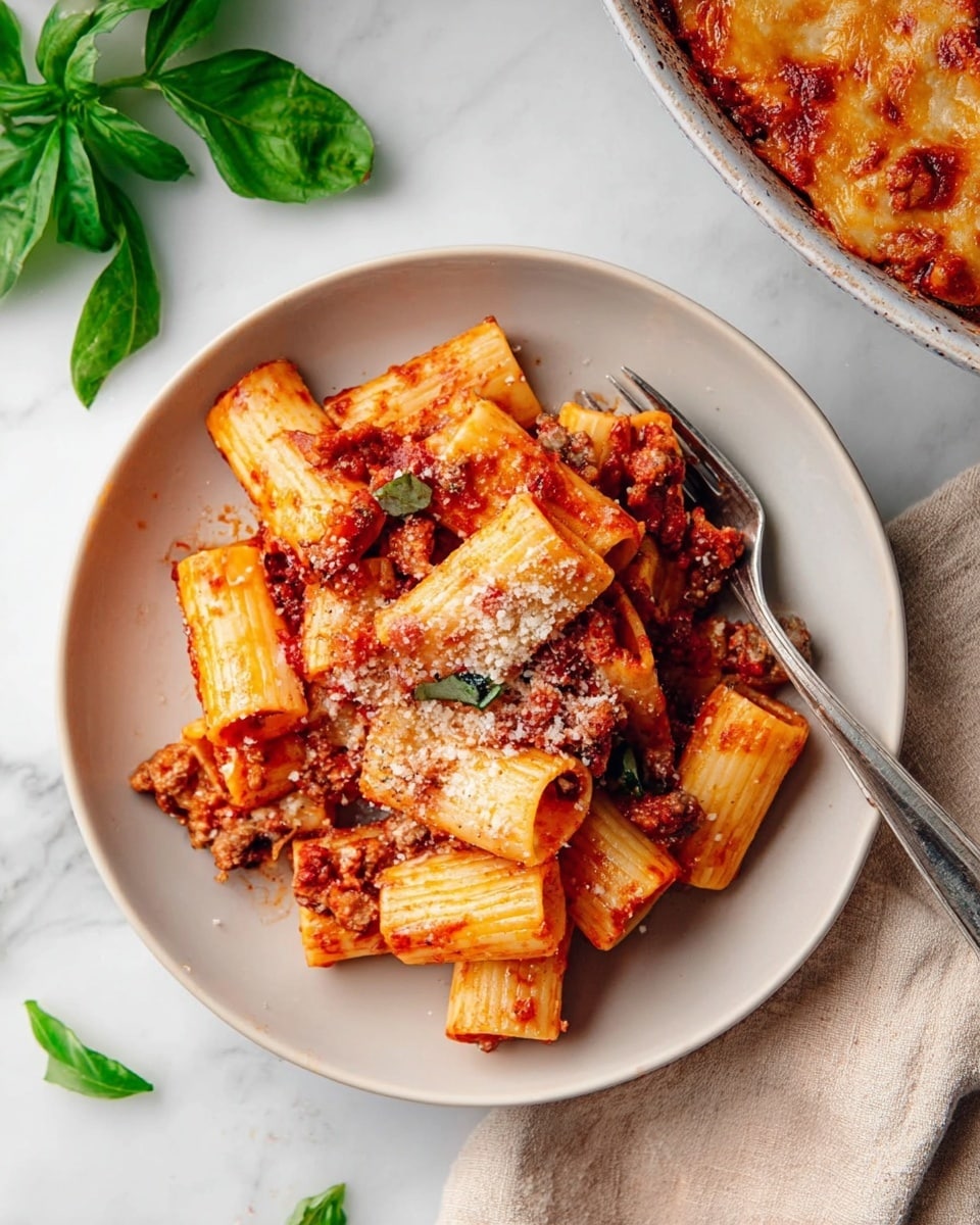 A white plate with rigatoni pasta coated in rich red tomato sauce mixed with finely crumbled meat, topped with melted, golden cheese that has browned spots and a layer of grated white cheese sprinkled over it. The pasta pieces are scattered close together in the center of the plate, with a silver fork placed on the right side, partially under the pasta. The background features a white marbled texture with a round dish of baked pasta showing a bubbly, browned golden cheese layer on the top right. Fresh green basil leaves lie on the upper left side, and a soft beige cloth is placed near the bottom right corner. Photo taken with an iphone --ar 4:5 --v 7