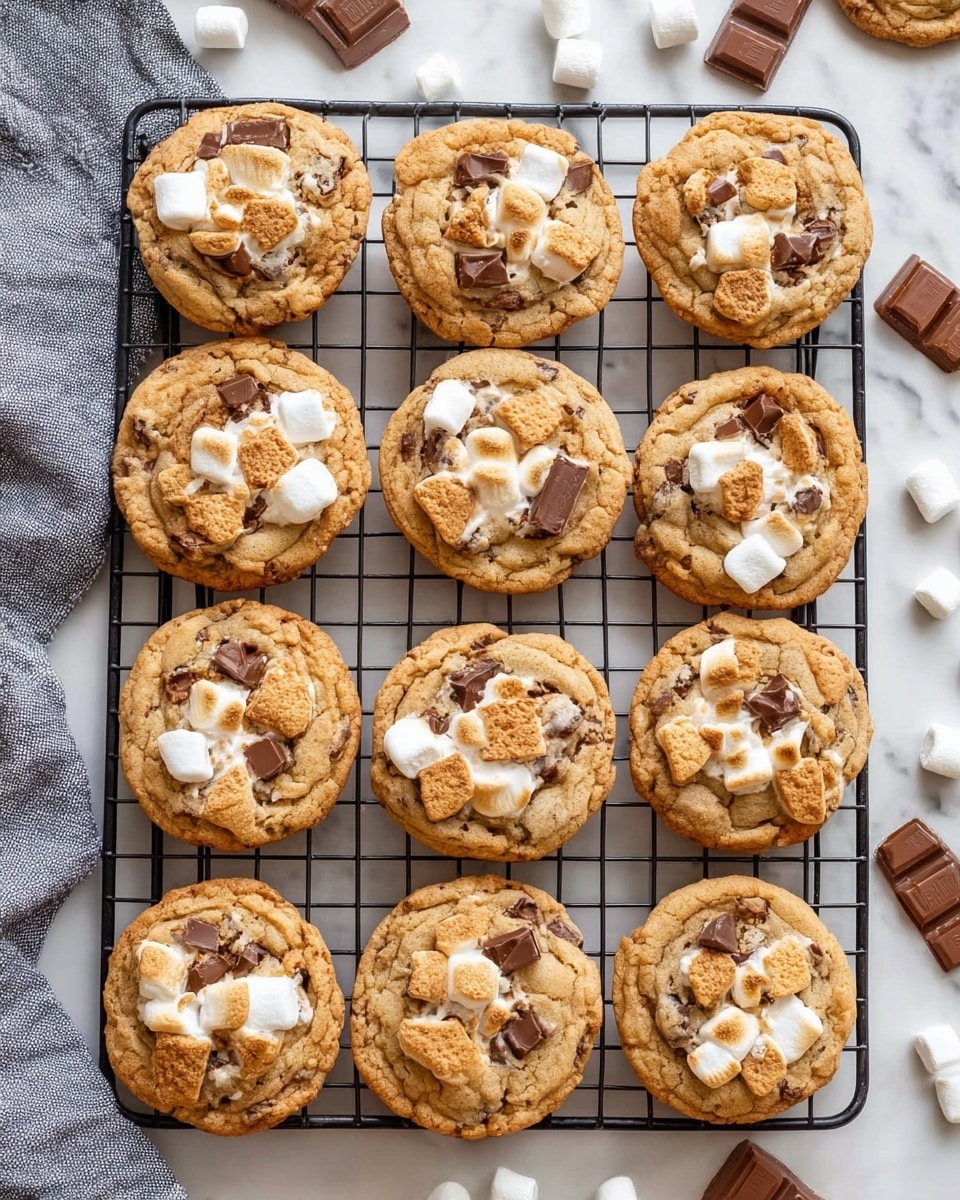 The image shows several toasted s'mores cookies placed on a white marbled surface. Each cookie is round with a golden brown base layered with gooey-looking marshmallows toasted to light brown spots, pieces of melted chocolate squares, and crunchy pieces of crushed graham crackers on top. Scattered around the cookies are extra chunks of chocolate, small whole marshmallows, and whole graham cracker squares. Near the upper right corner is a clear glass of milk filled almost to the top. The cookies and other elements create a cozy and appetizing look. photo taken with an iphone --ar 4:5 --v 7