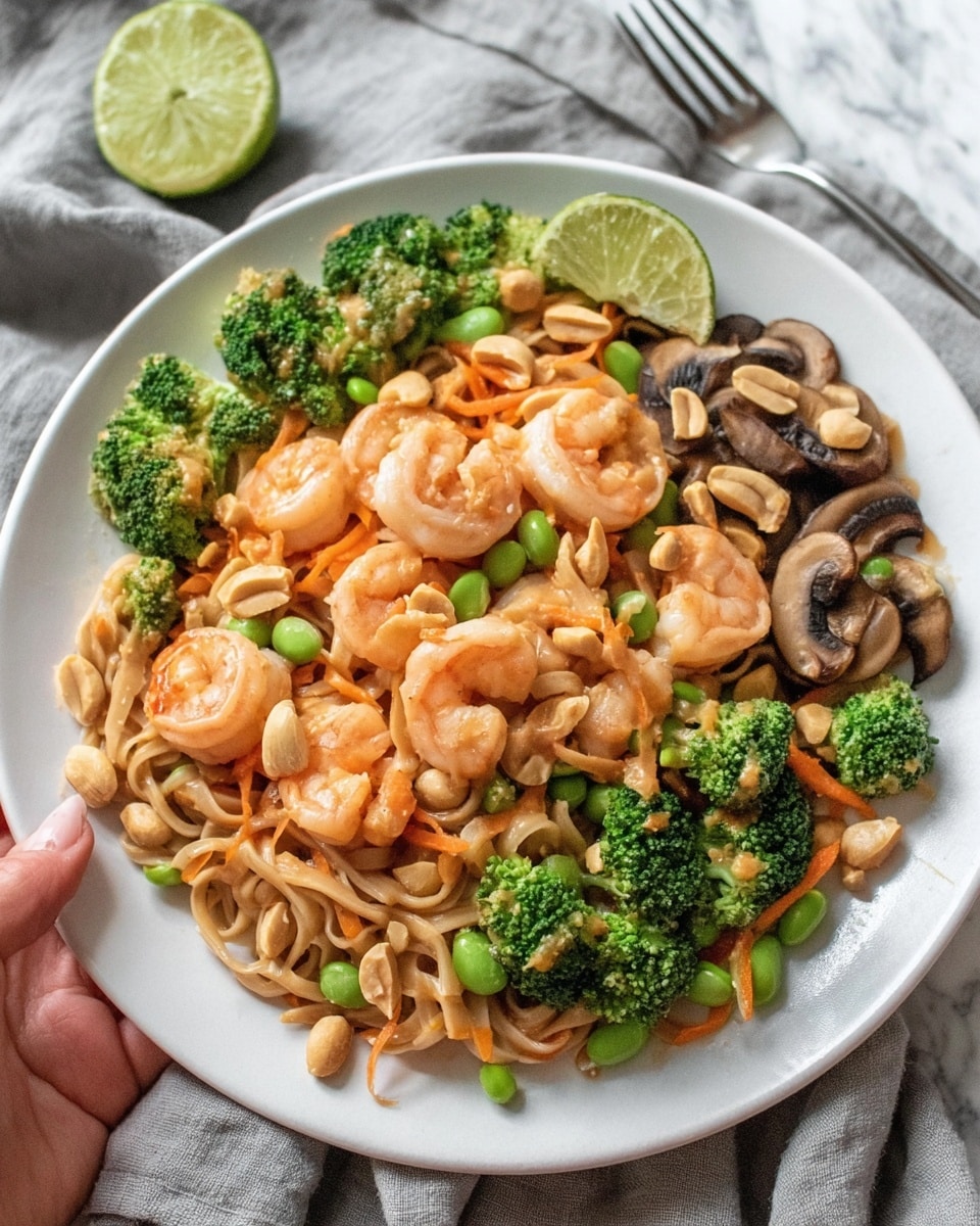 A round frying pan with a black handle is filled with a colorful shrimp stir-fry dish. The bottom layer consists of light brown noodles spread evenly. On top, there are pink cooked shrimp scattered all over. Bright orange and yellow thin slices of bell peppers, green broccoli florets, and small pieces of white onion mix in with the shrimp. The pan is placed on a white marbled surface. The overall look is fresh and vibrant with a variety of colors and textures mixing smoothly. photo taken with an iphone --ar 4:5 --v 7