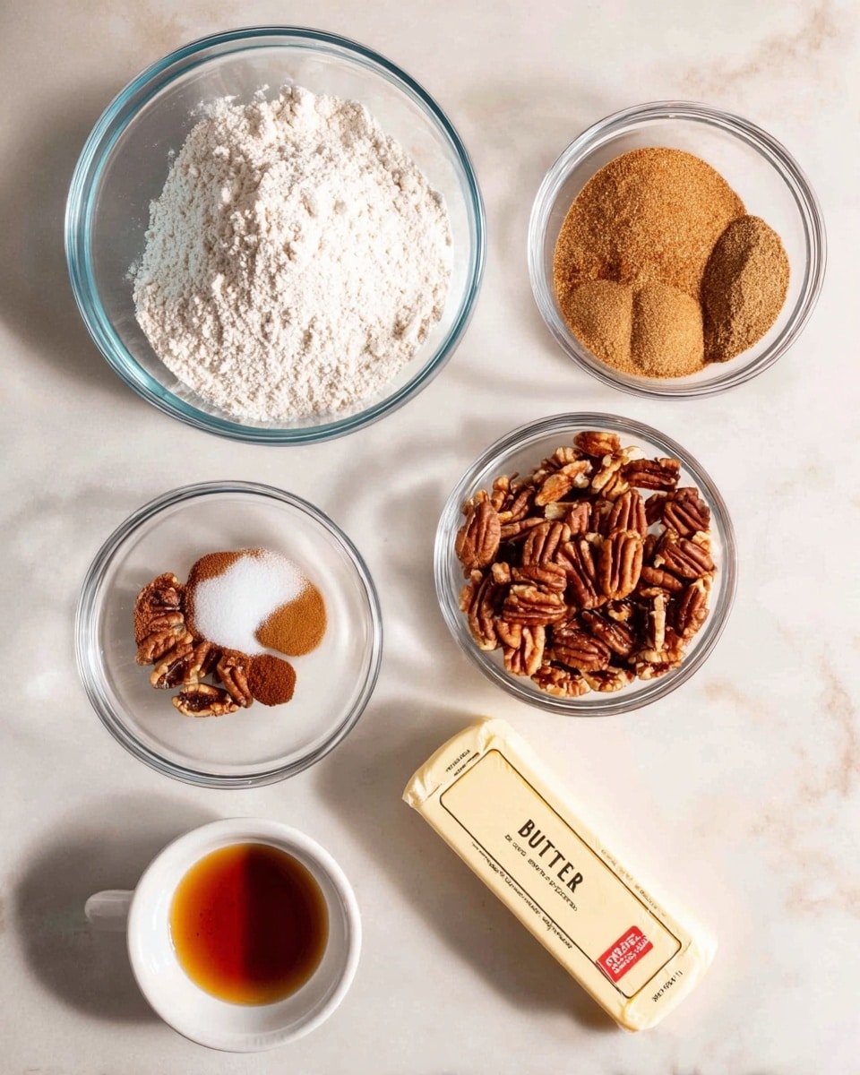 The image shows six baking ingredients arranged on a white marbled surface: a large clear glass bowl with white flour and two small piles of brown spices, a medium clear glass bowl with light brown sugar, a medium clear glass bowl with pecans, a brown egg, a stick of butter with wrapper labeled